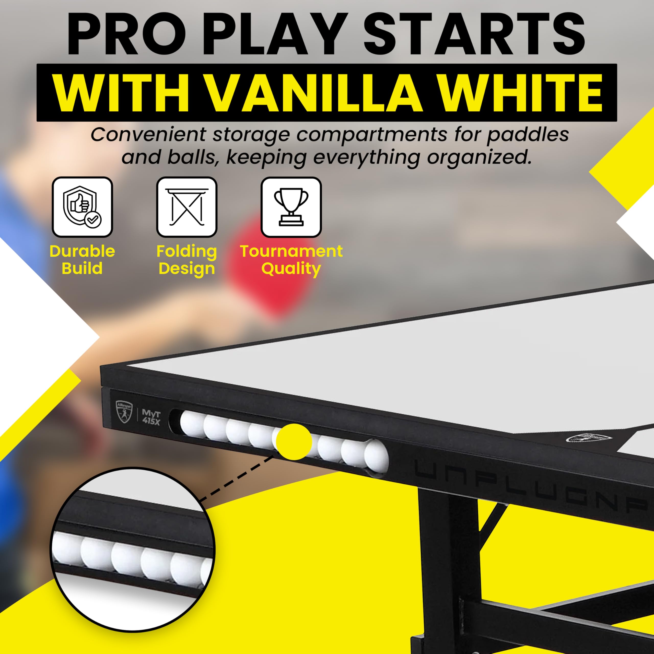 Ping Pong Table Killerspin MyT 415 Max - Foldable Table for Table Tennis, Portable Ping Pong Table Set with Built-in Paddle and Ball Storage, 25MM MDF Board Pingpongball Table, Vanilla
