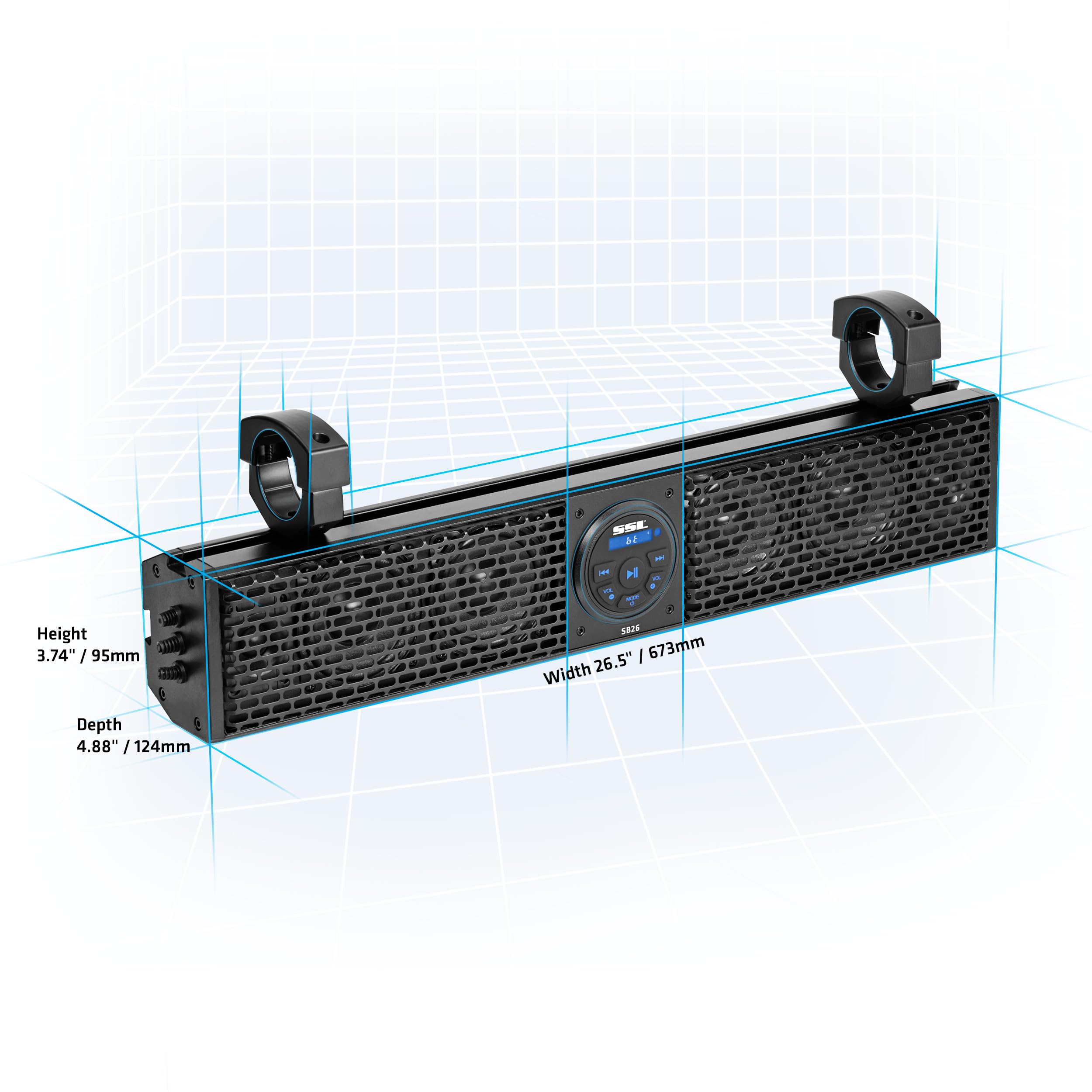 ATV UTV Sound Bar Sound Storm Laboratories SB26 - 26 Inch Wide, 4 Inch Speakers, 1 Inch Tweeters, Full Range Audio, IPX5 Weatherproof, Bluetooth, Built in Amplifier, Golf Cart Compatible