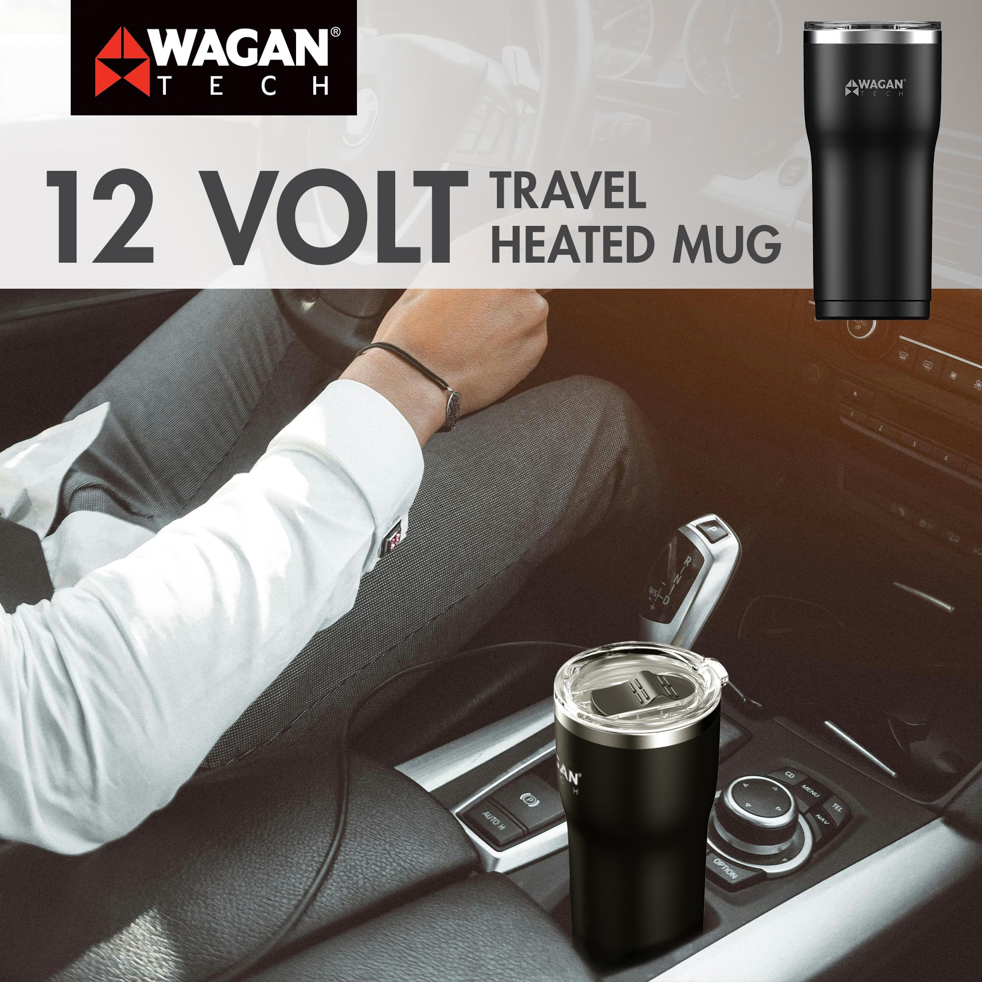 Wagan 12V Travel Car Heated Mug Portable 16oz Stainless Steel Anti-Spill Lid Slip Resistant Base Car Coffee Warmer Coffee Cup USB–C PD20W 12V DC (Black)