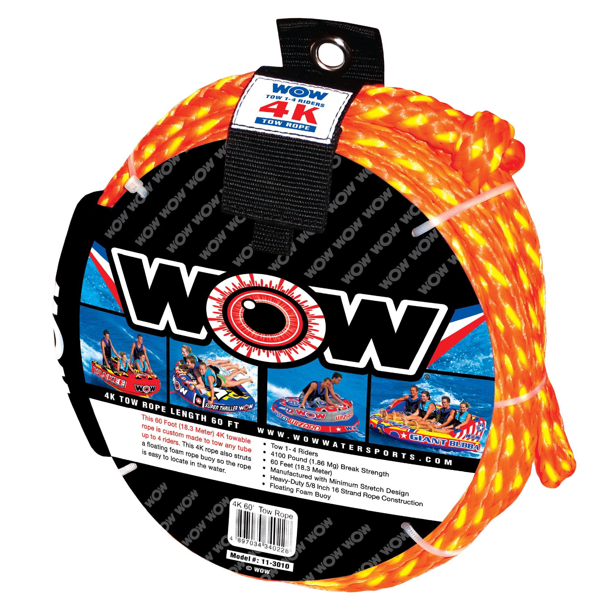 WOW Sports 4k World of Watersports 60 ft. Tow Rope with Floating Foam Buoy 1 2 3 or 4 Person Tow Rope for Boating, 11-3010