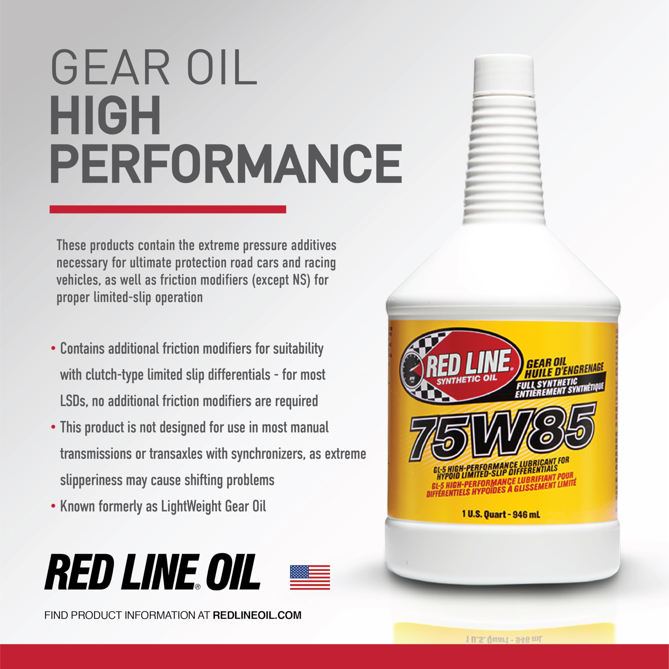 75W85 Red Line 50108 GL-5 Full Synthetic Gear Oil for Hypoid Limited Slip Differentials - 55 Gallon Drum