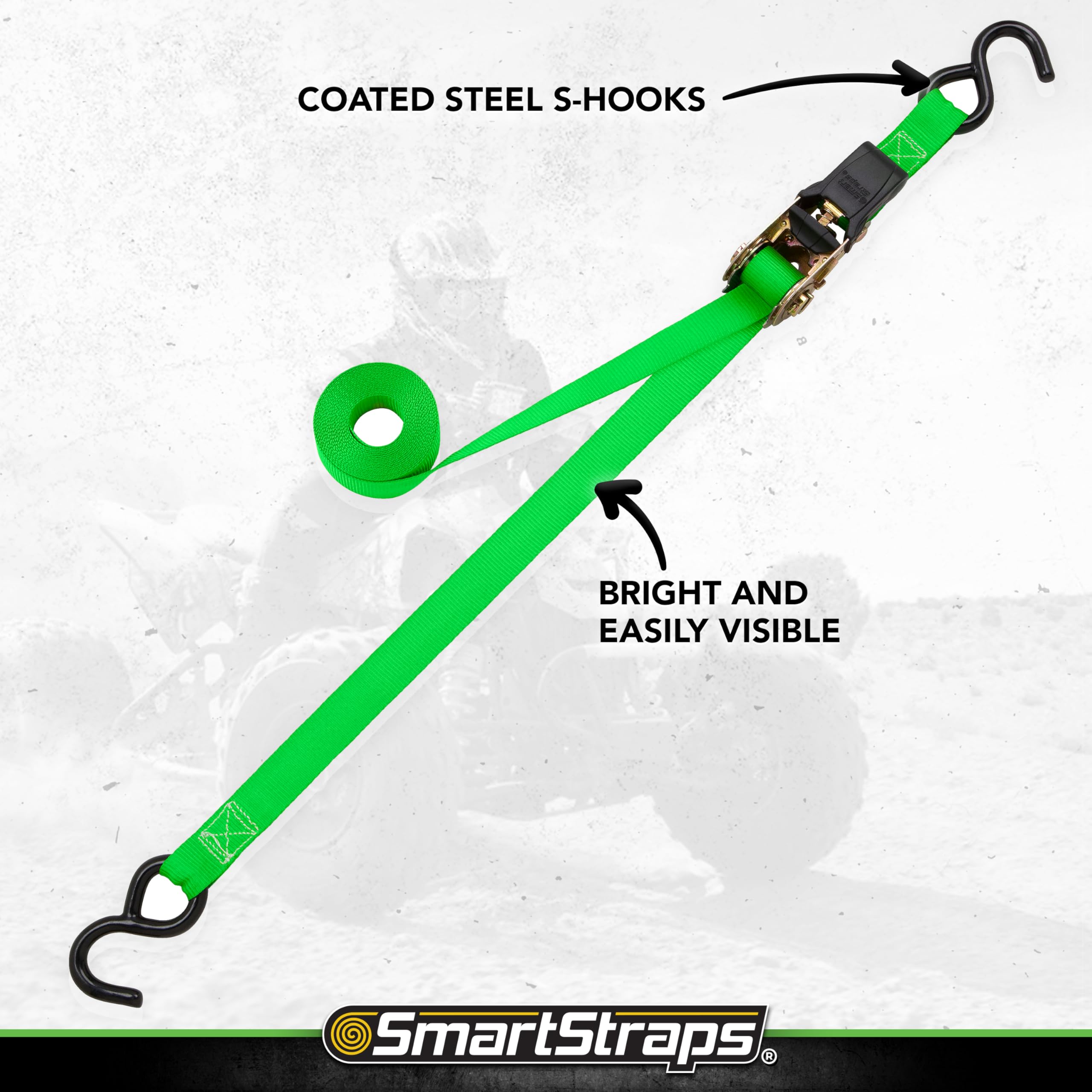 14’ SmartStraps Padded Ratchet Tie Down, 4 Pack — Standard Duty Tie-Down Straps — 1,500lb Break Strength, 500lb Safe Work Load — Haul Dirt Bikes, ATVs, and Mowers