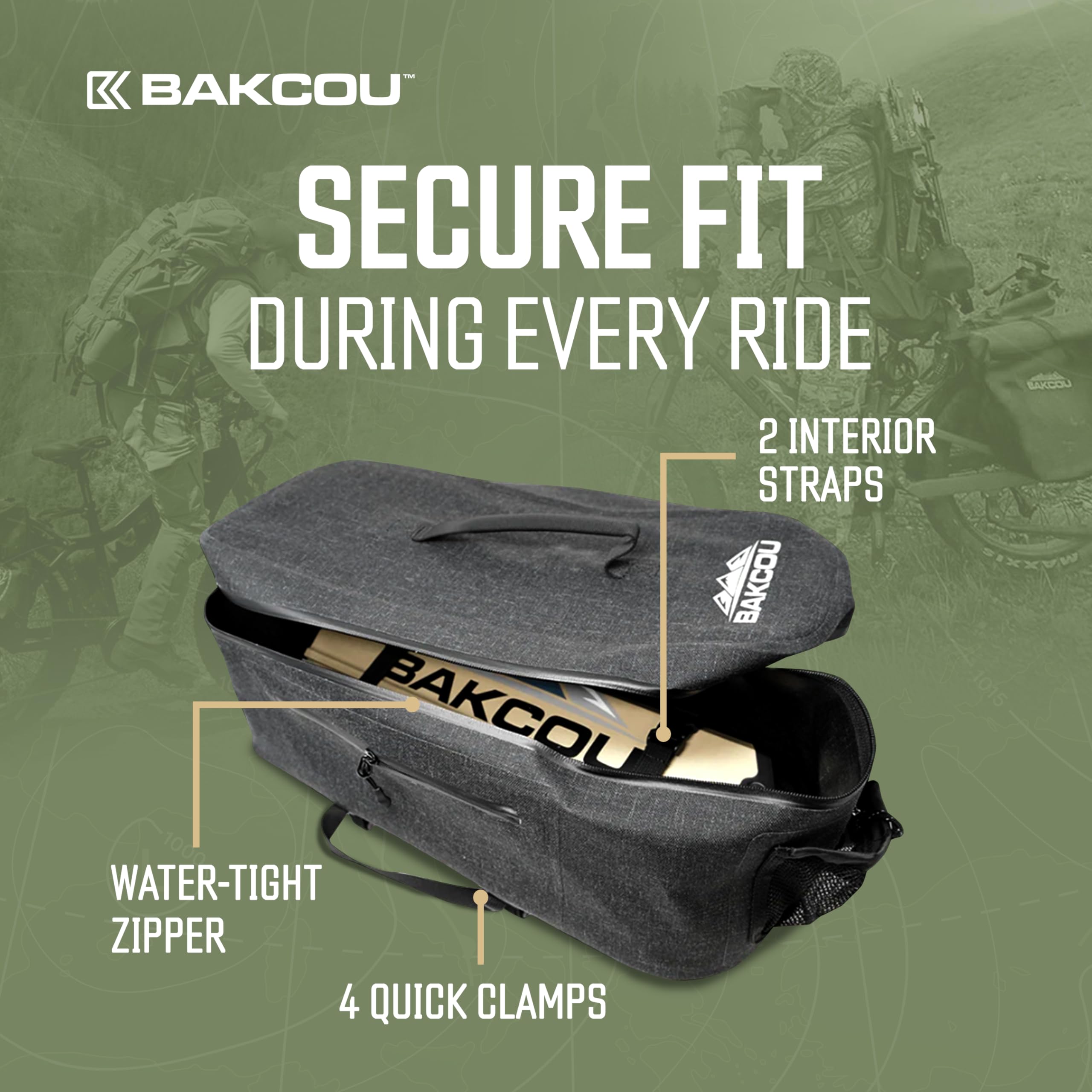 Bakcou - Top Large Pannier Bag with 4 Quick Clamps - Waterproof, Tight Zipper, Internal Straps for Battery, Rain Gear, Repair Kit - 18.5x8x8 Inches