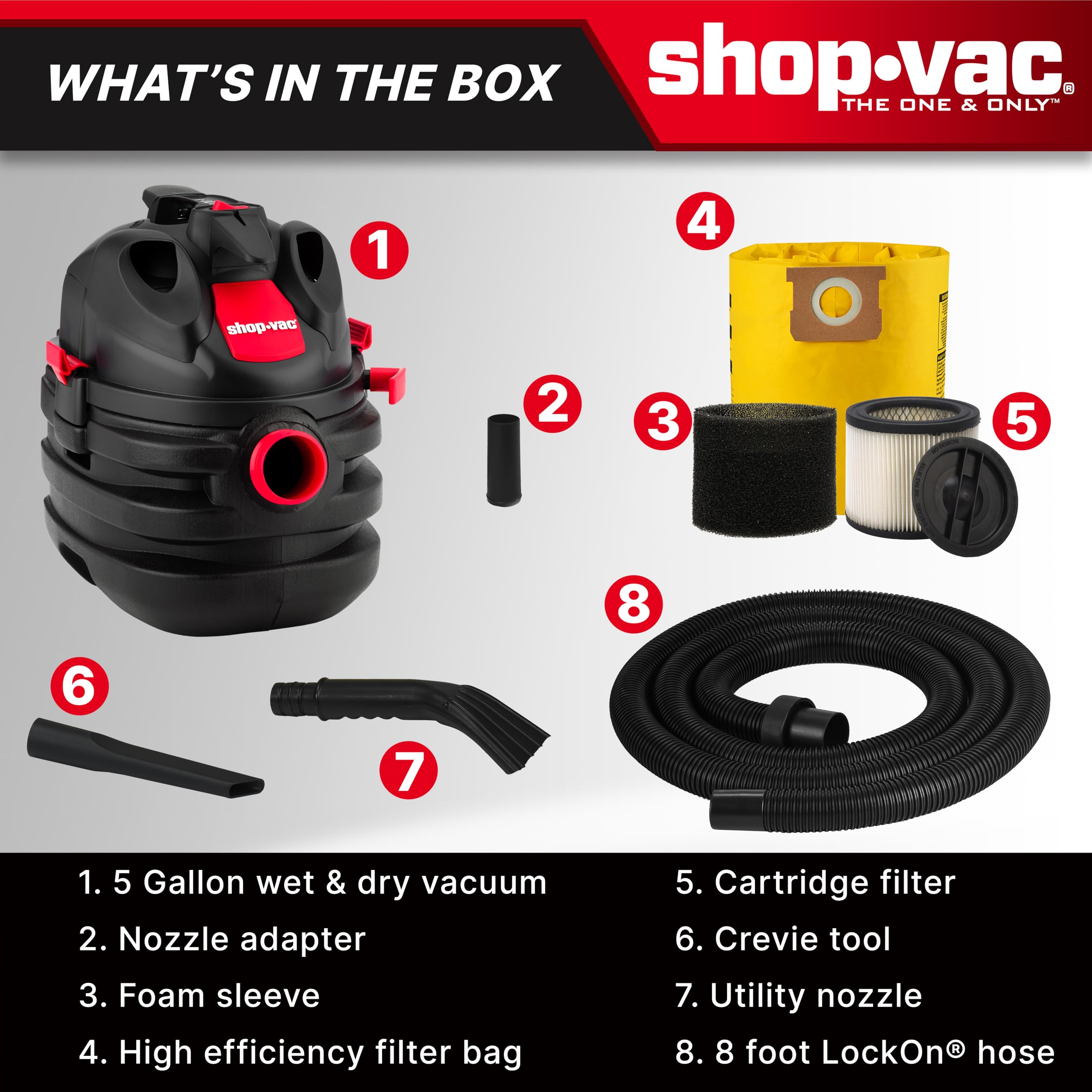 5 Gallon Shop-Vac 6.0 Peak HP Portable Wet/Dry Vacuum, 1-1/2 Inch Diameter x 8 Foot Hose, 20 Foot Cord, Ideal for Jobsite, Garage, Workshop & Home