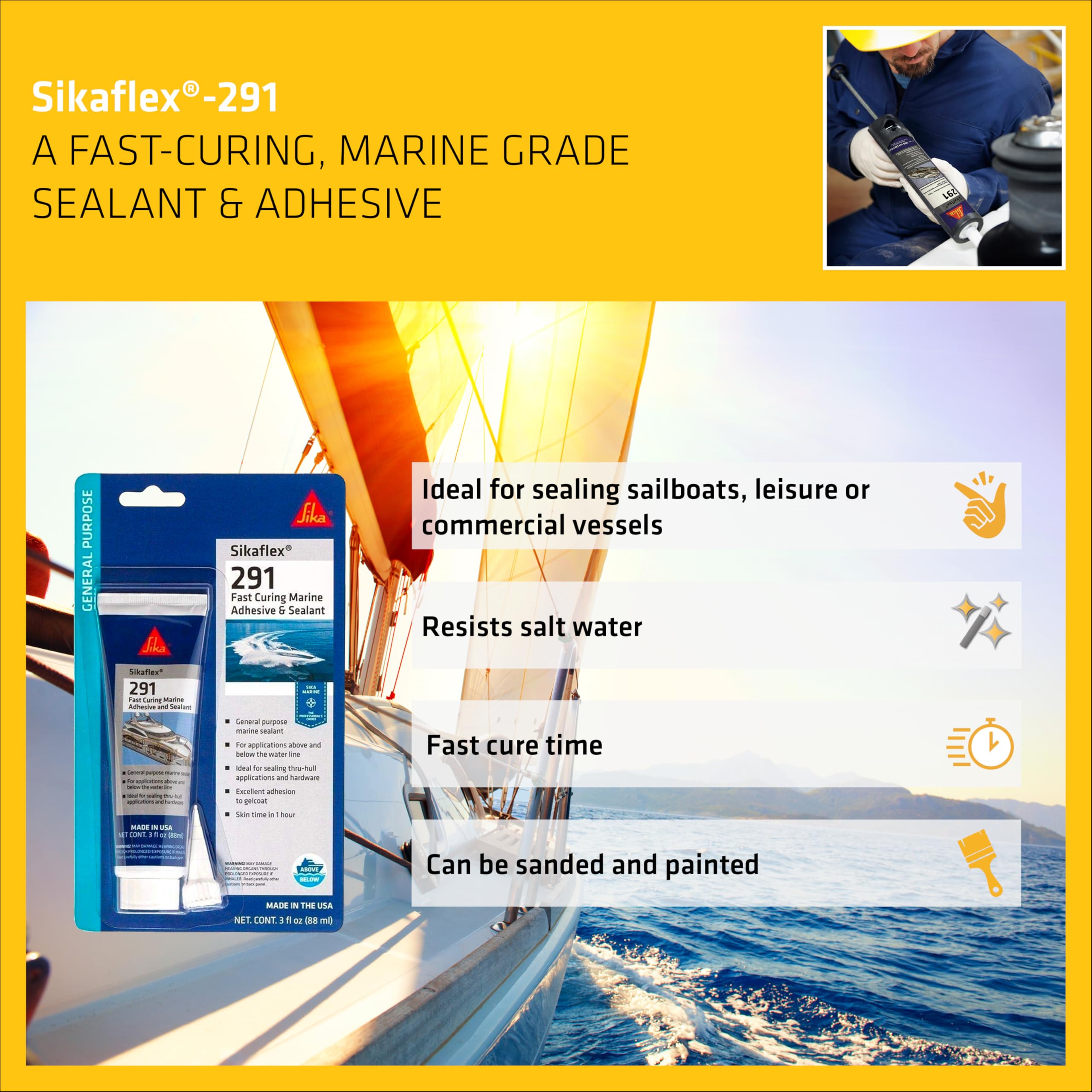 Multifunctional Sikaflex-291 Adhesive & Sealant - White for Boats - Marine Use - Resists Weathering and Aging - 3 fl. oz. Tube