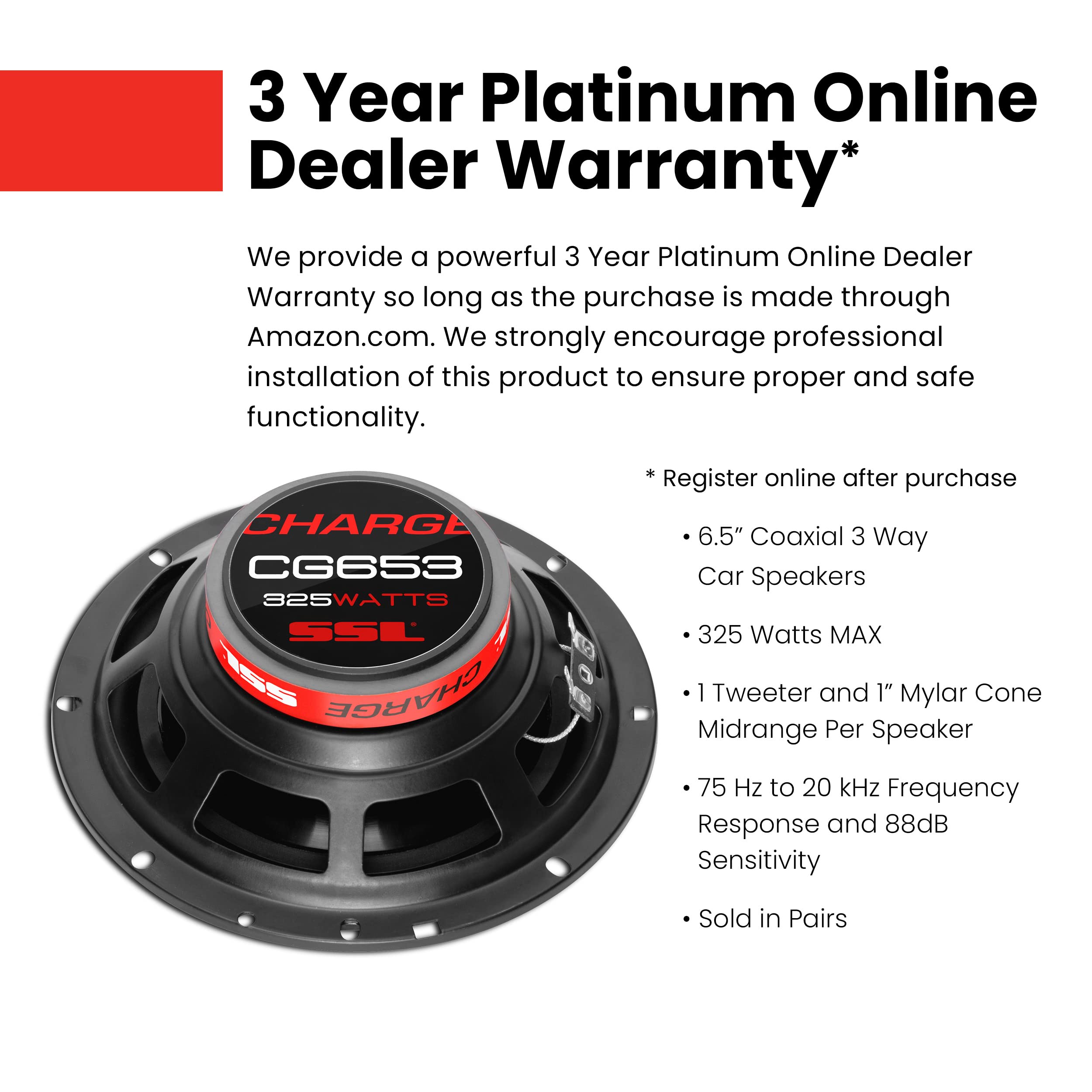 Sound Storm Laboratories Charge Series 6.5 Inch Car Door Stereo Speakers - 325 Watts Max, 3 Way, Full Range Audio, Coaxial, Tweeters, Sold in Pairs