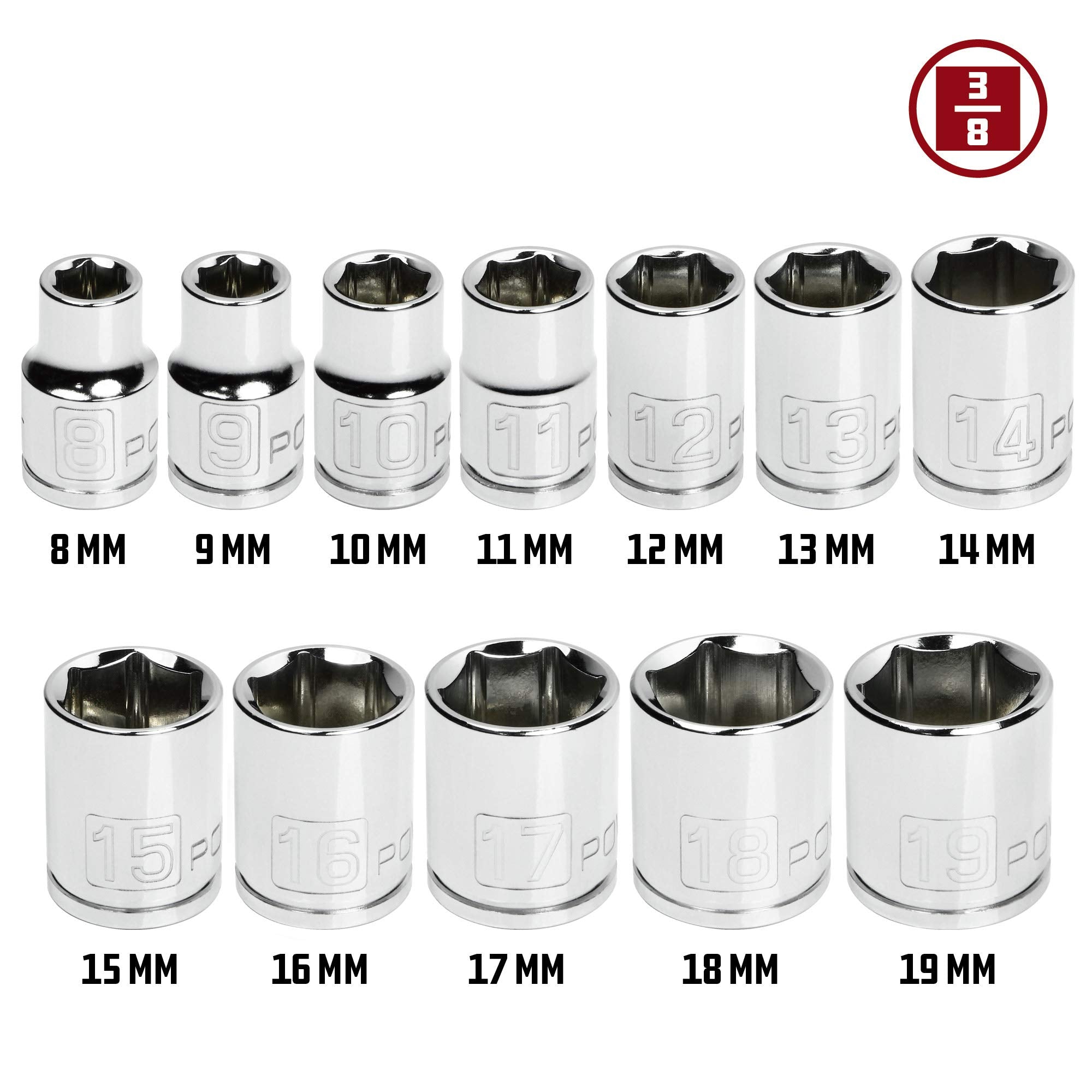 12 Pc. Powerbuilt 3/8 Inch Drive Metric Socket Set – 6 Point Shallow Sockets 8-19mm, Chrome Vanadium Steel with Mirror Finish, Easy-Read Markings, Z-Drive Grip, Includes Metal Socket Rail – 645008