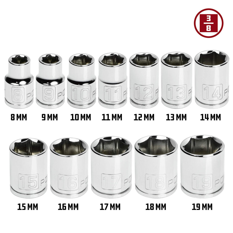 12 Pc. Powerbuilt 3/8 Inch Drive Metric Socket Set – 6 Point Shallow Sockets 8-19mm, Chrome Vanadium Steel with Mirror Finish, Easy-Read Markings, Z-Drive Grip, Includes Metal Socket Rail – 645008