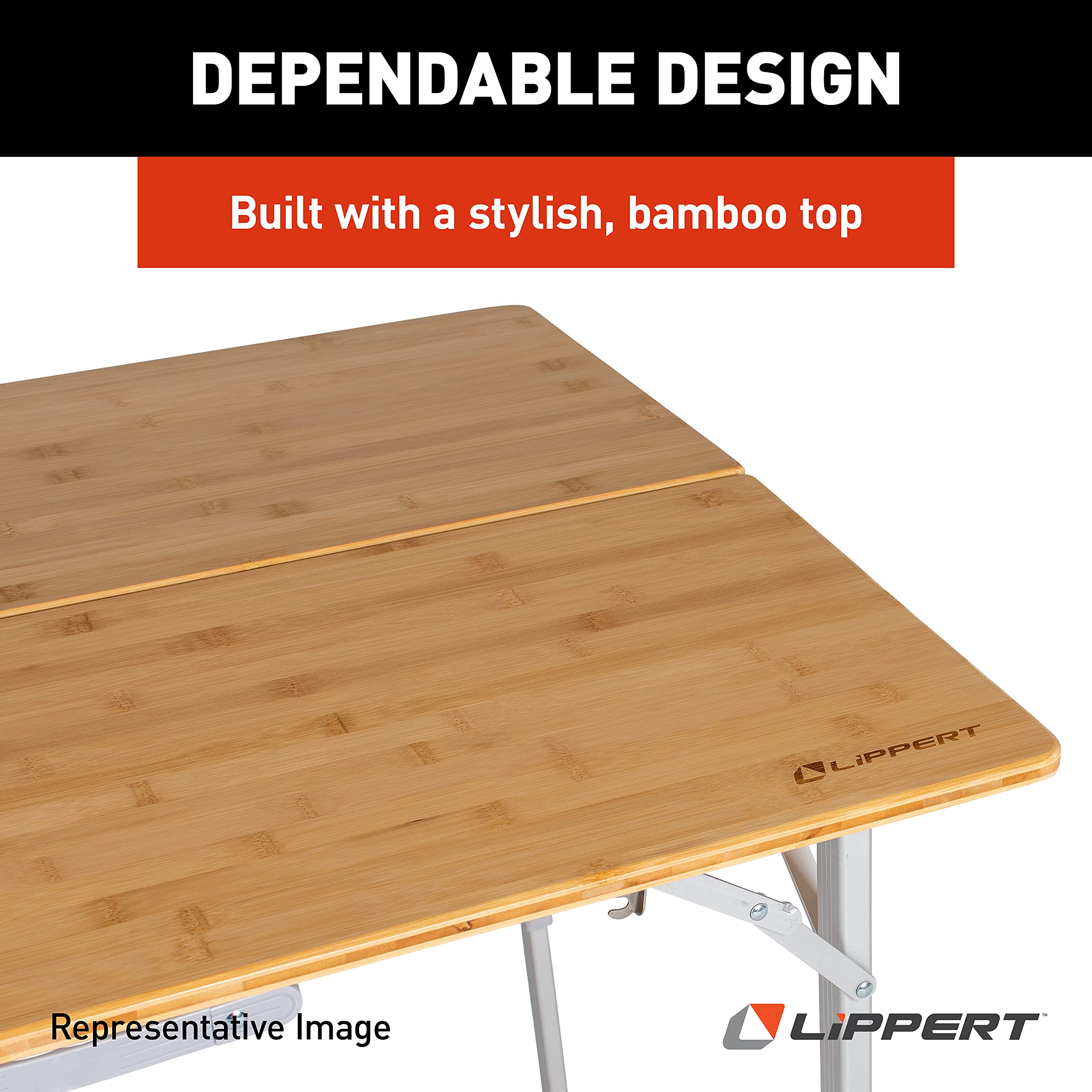 Lippert Adjustable Bi-Fold Bamboo Camp Table, 39-1/2" x 28-1/2" x 27-1/2" Tabletop, Smooth Wood Top, Adjusting Legs, 19 lbs. Portable Camping Surface - 2021011322, Brown