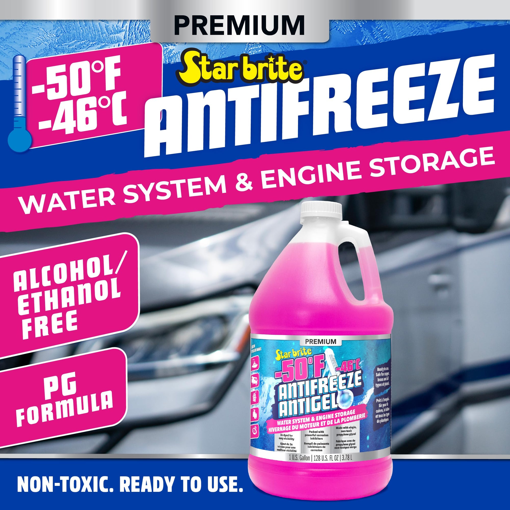 Premium STAR BRITE -50°F RV & Marine Antifreeze, Non-Toxic Engine & Water System Winterizer, Corrosion Inhibitors, Safe for Metals & Plastics