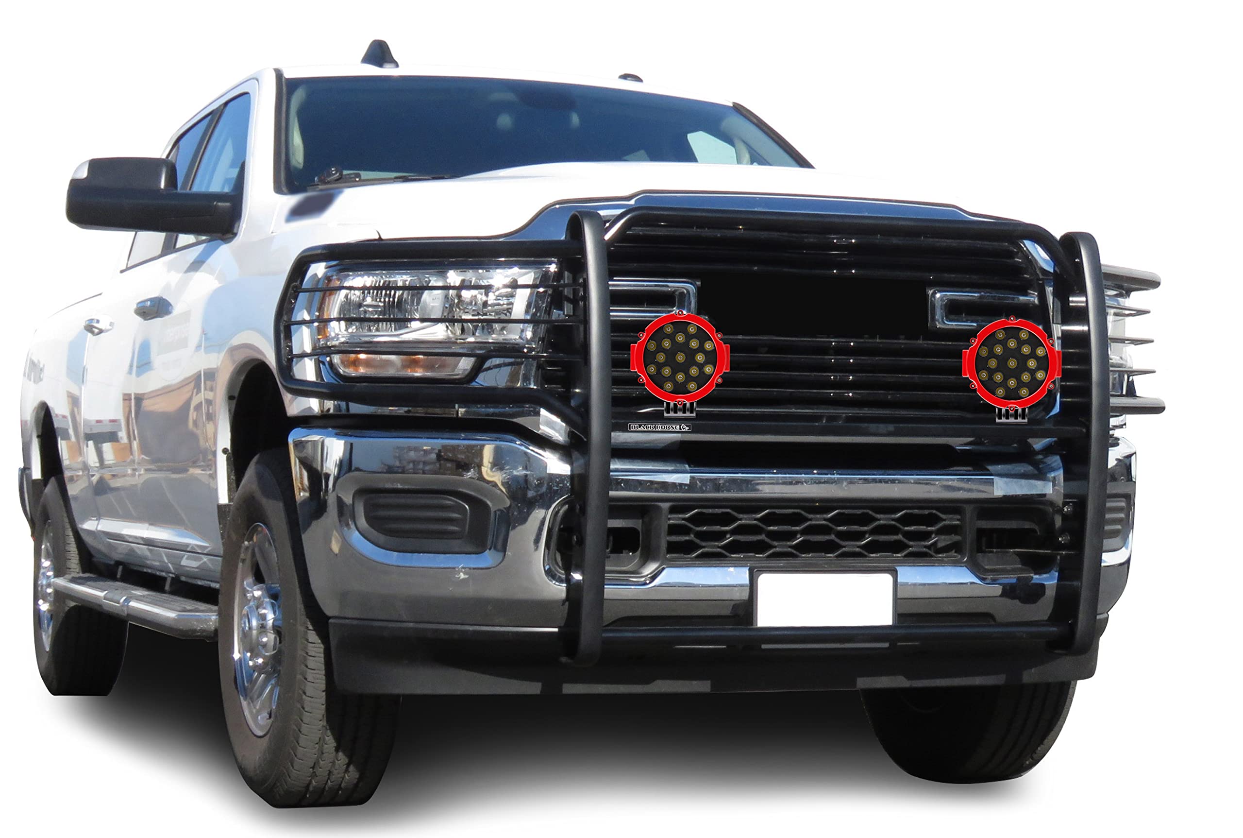 Bumper Guard Modular Black Black Horse Grille Brush Come with Pair of 7.0" Dia.LED Lights with Red Trim Rings Compatible with 2019-2024 Ram 2500|2019-2024 Ram 3500-17DG113MA-PLR