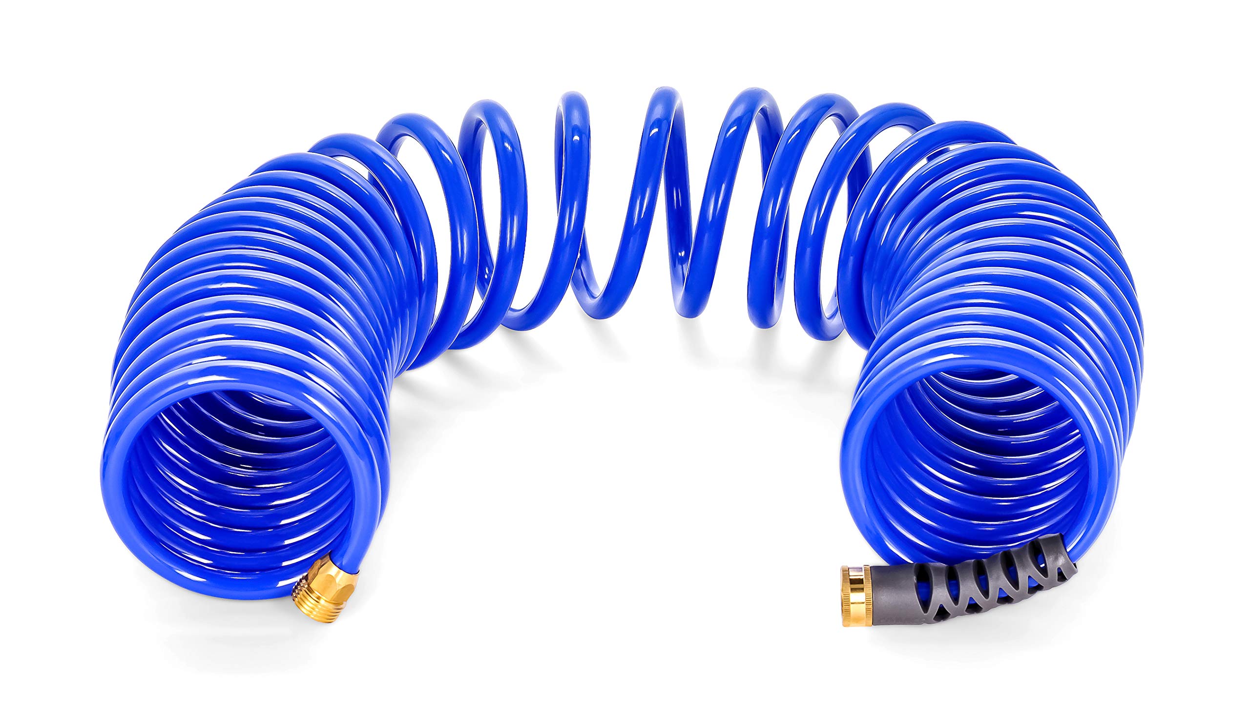 40’ Coiled Camco Water Rust Resistant Brass Fittings, Hose Design Prevents Kinking and Tangling, for Car Washing and Gardening (41985), Blue
