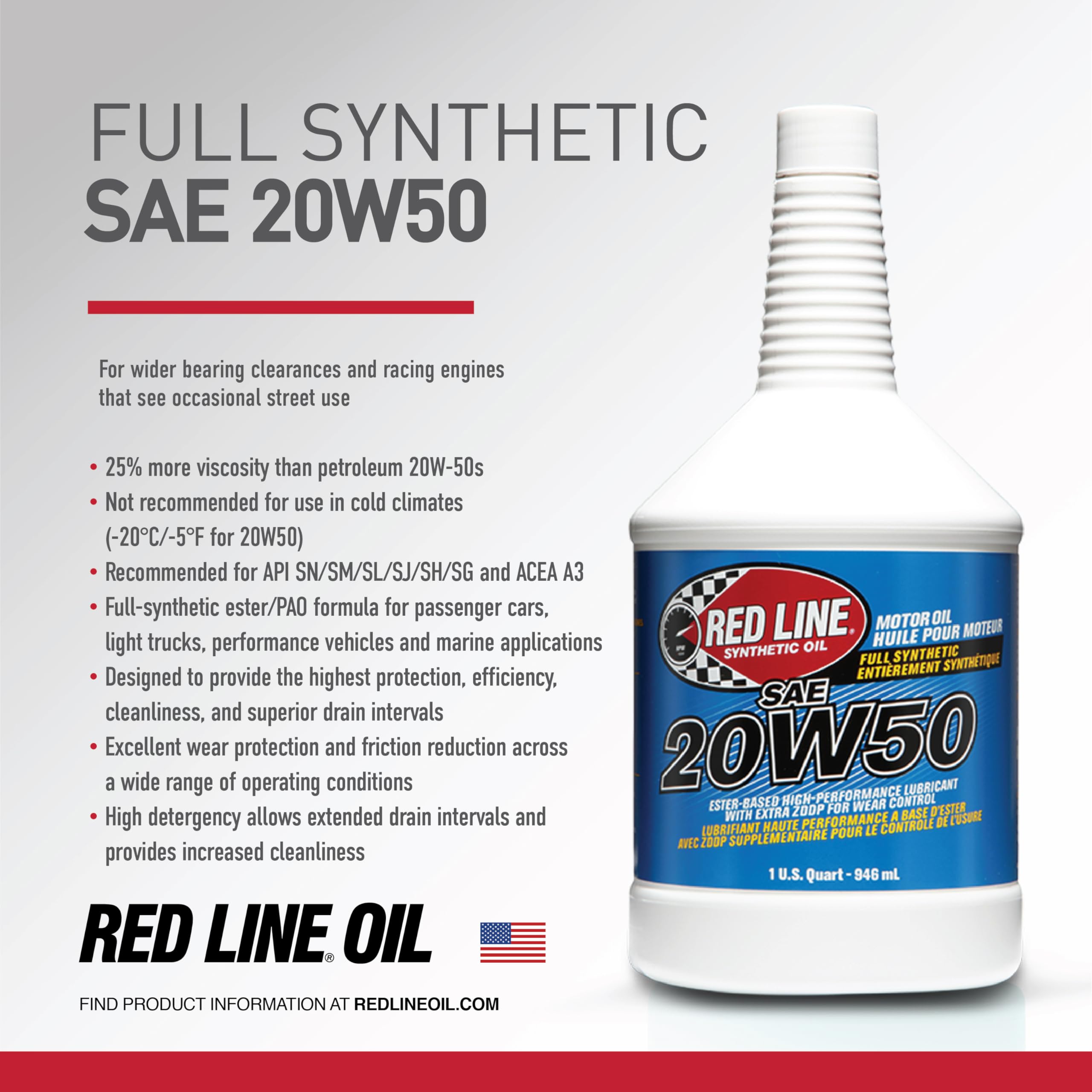 12505 Red Line SAE 20W50 Fully Synthetic Motor Oil - 1 Gallon