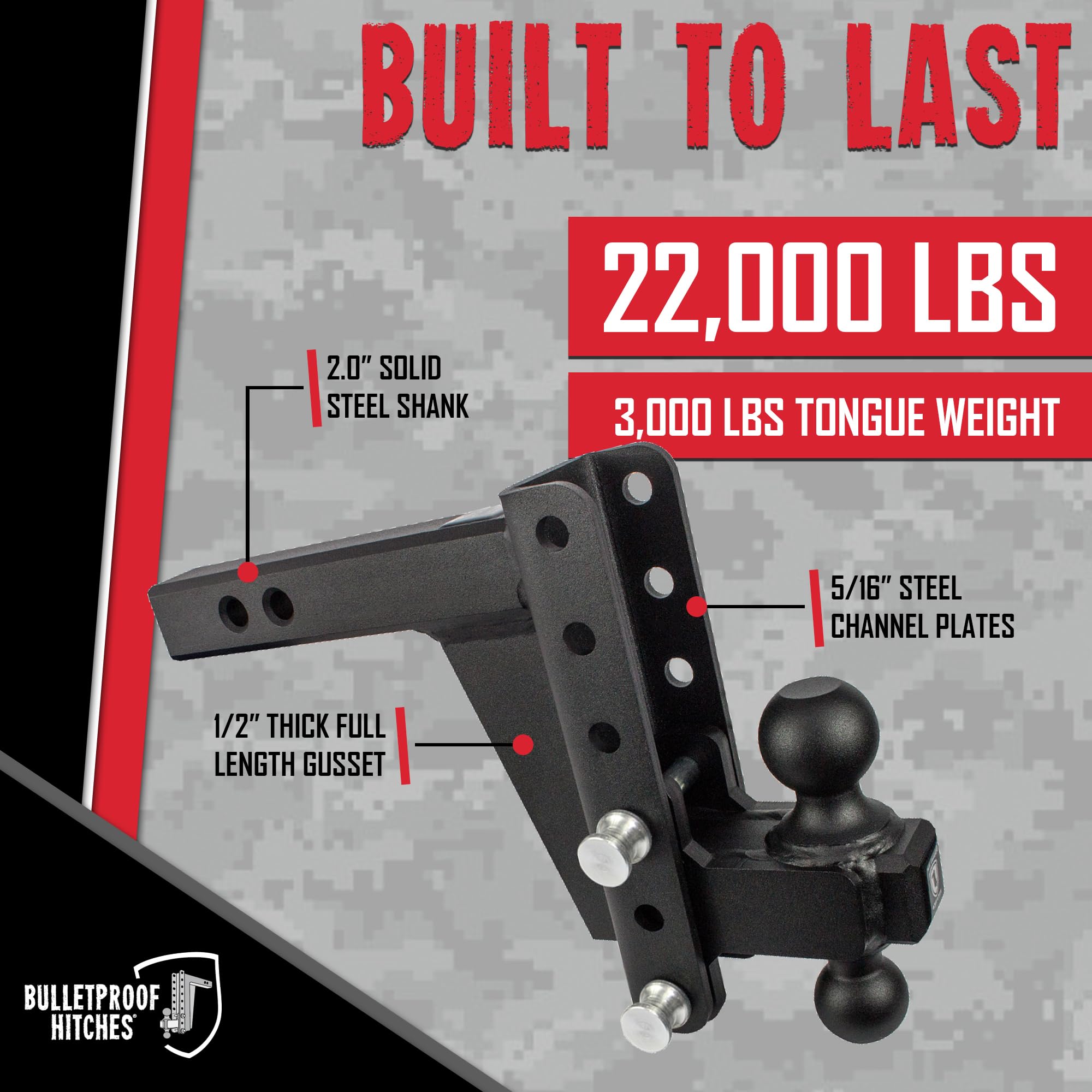 2.0" BulletProof Hitches Adjustable Heavy Duty Trailer Hitch (22,000 lb. Rating) - 8" Drop/Rise Trailer Hitch with 2" & 2-5/16" Dual Ball - Powder Coat, Solid Steel, Corrosion-Resistant