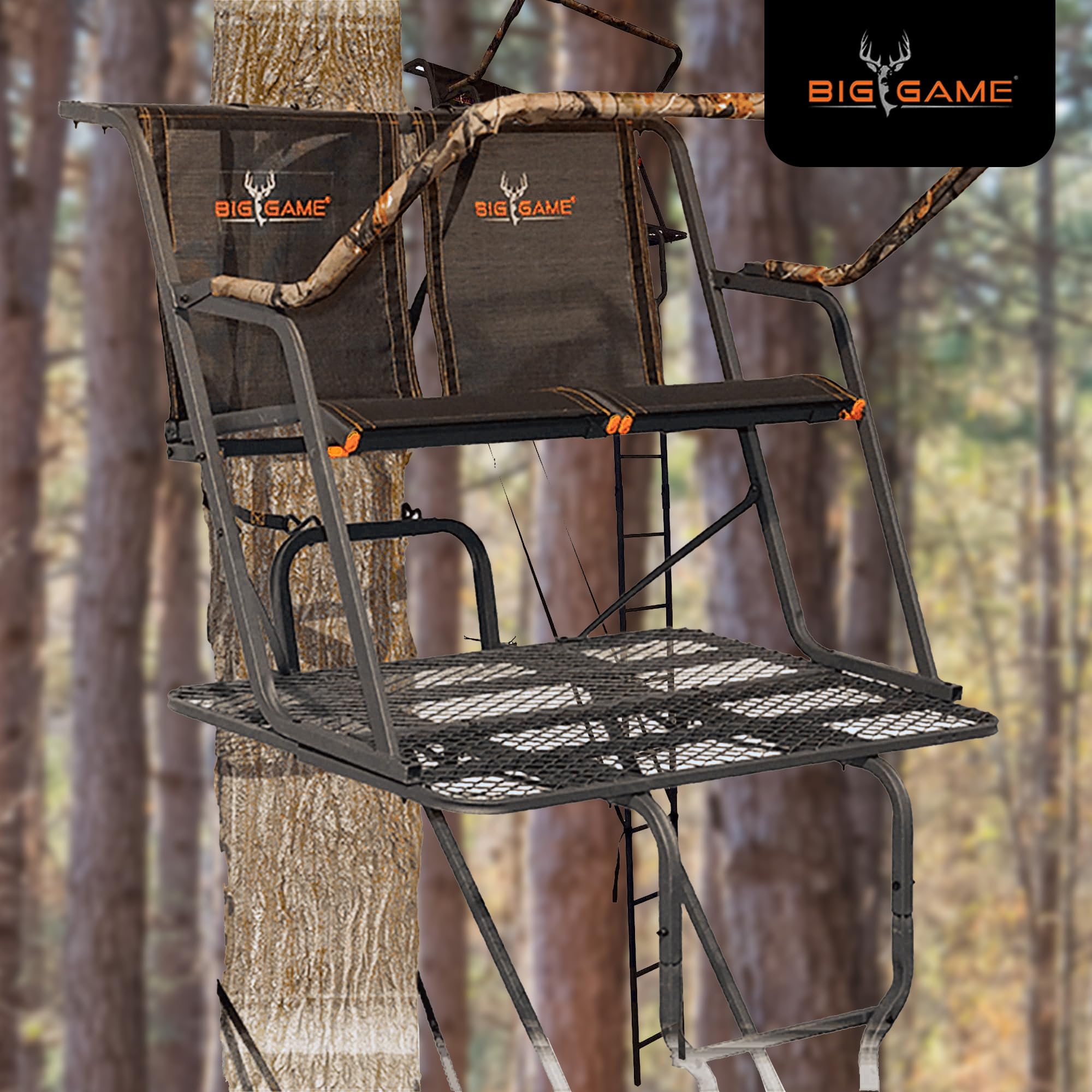 2-Person BIG GAME Ladder Tree Stand for Hunting Deer, Spector XT, 17' Tall, Black - Adjustable Climbing Treestand with Platform and Safety Harness for Shooting
