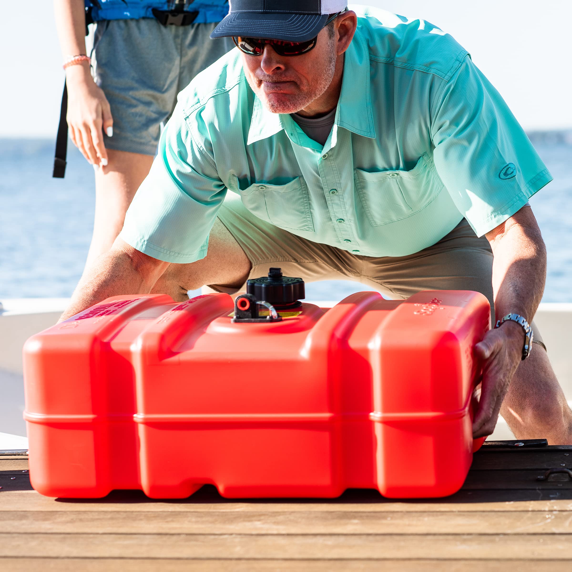 Marine Gas Can Scepter 9 Gallon Portable, Boat Fuel Tank, 2-Way Vented Cap, Built-In Fuel Gauge and Pick-Up, Handles, EPA & CARB Compliant, Rectangular, 22.9"L x 14.3"W x 11.5"H (08667)