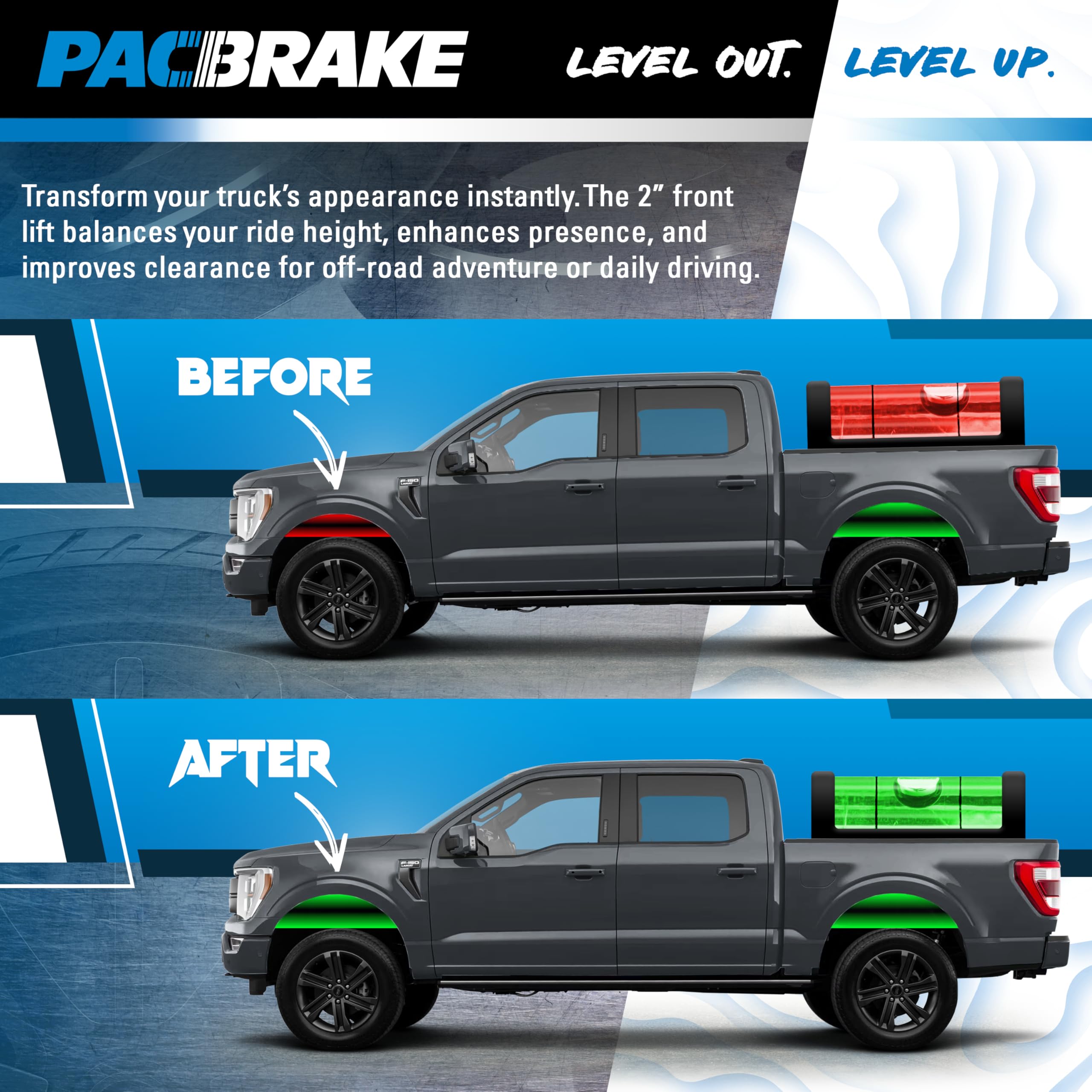 Pacbrake Leveling Kit HP10253 fits 2004-2024 F150 excluding Raptor, Tremor, or Models Equipped with Continuously Controlled Damping (CCD) | Heavy-Duty Construction