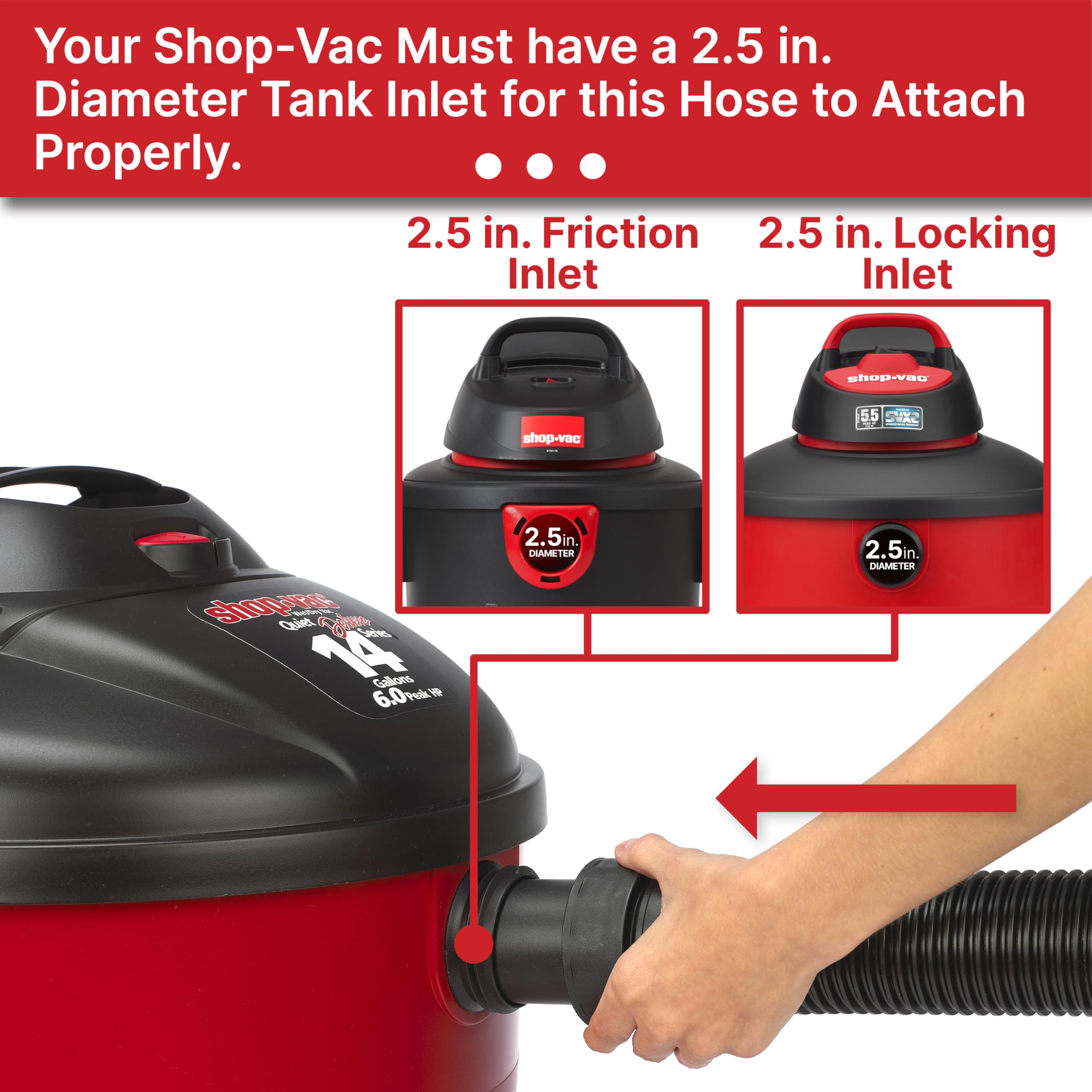 Vacuum Hose Shop-Vac 9050333 for Standard or Locking Inlets, 8-Foot x 2.5 Inch Diameter, Prevents Clogging With Bulky Debris, (1-Pack)