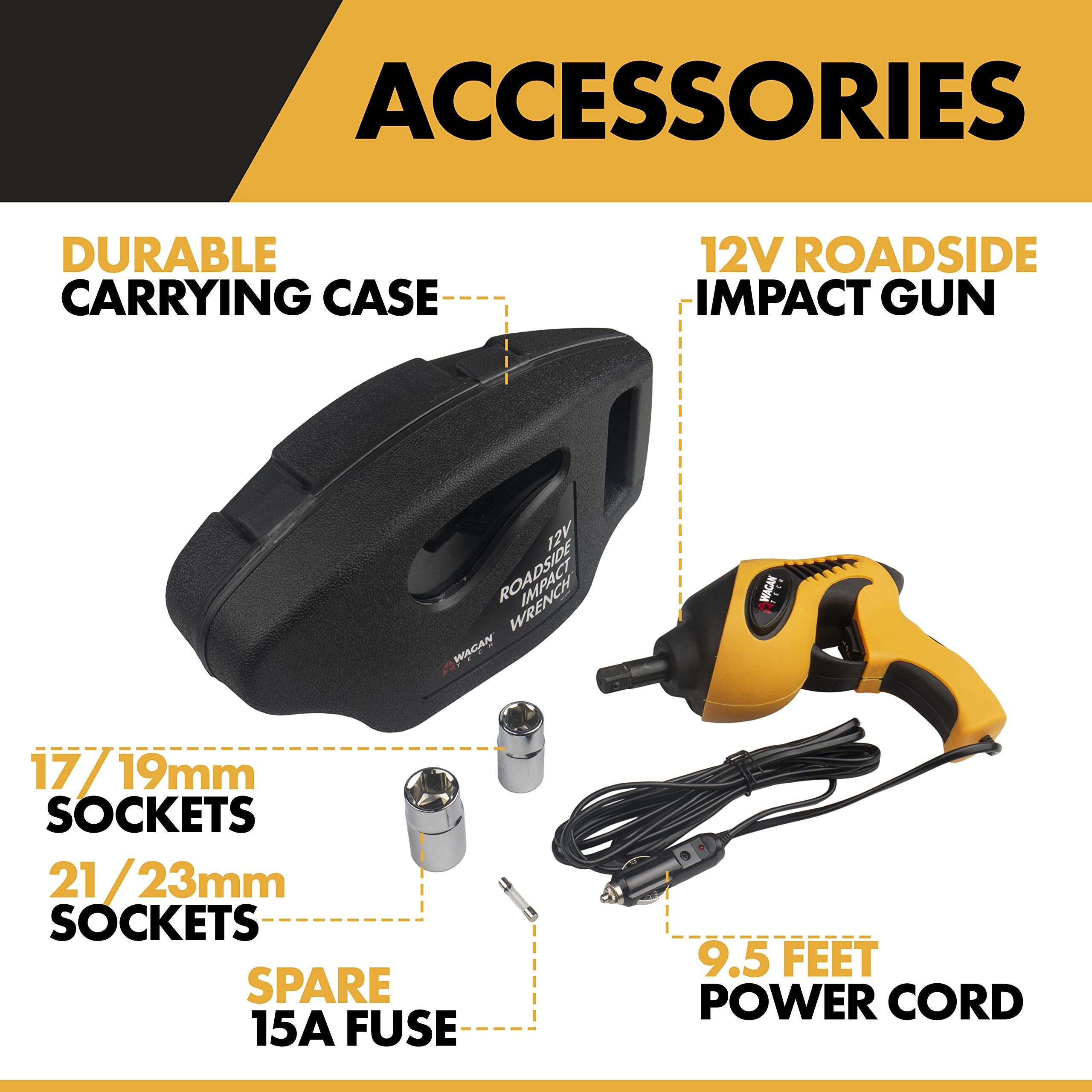 12V Wagan EL2288 Roadside Impact Wrench, 1/2 inch Drive, 258 ft-lbs Torque Power, Tire Repair Tools with Sockets and Carry Case