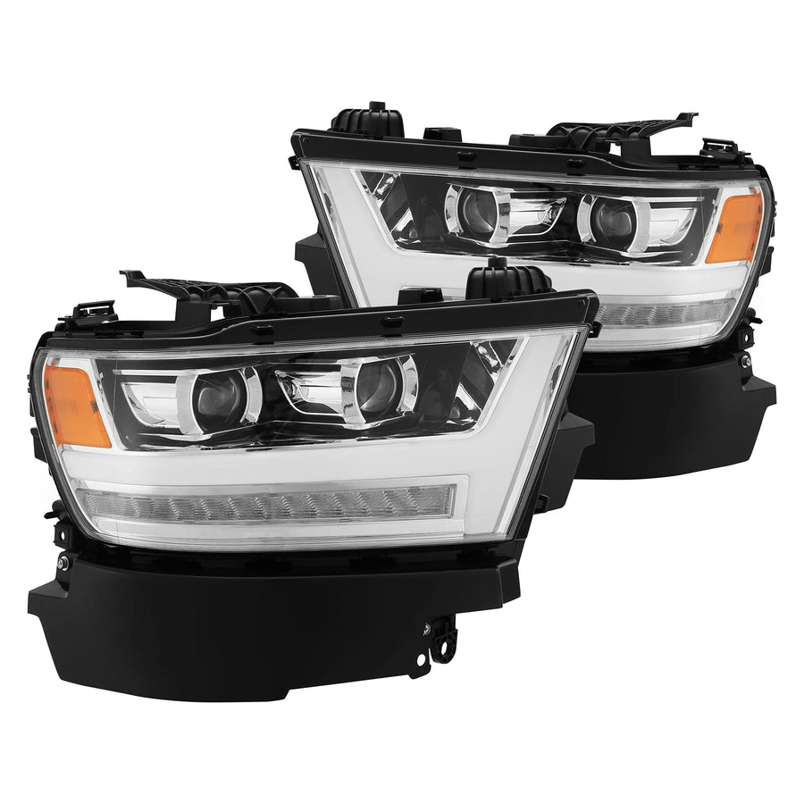 19-20 Dodge Ram 1500 AlphaRex LUXX LED Proj Headlights Plank Chrome w/Activ Light/Seq Signal/DRL