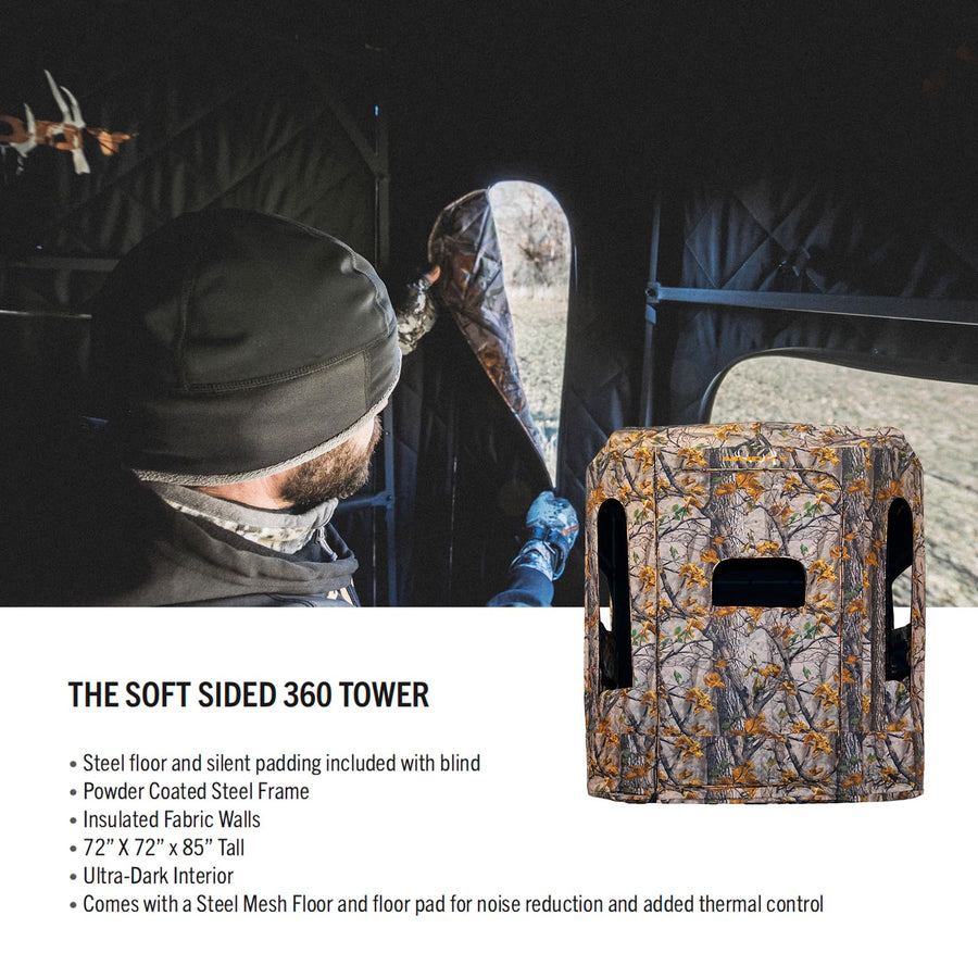 Muddy 360 Soft Side Resistant Heavy-Duty Powder Coated Steel Hunting Blind - Insulated Fabric Walls, Floor Pad, Silent Zipper Window System w/Sliding Mesh Backing, Rubber Dampeners