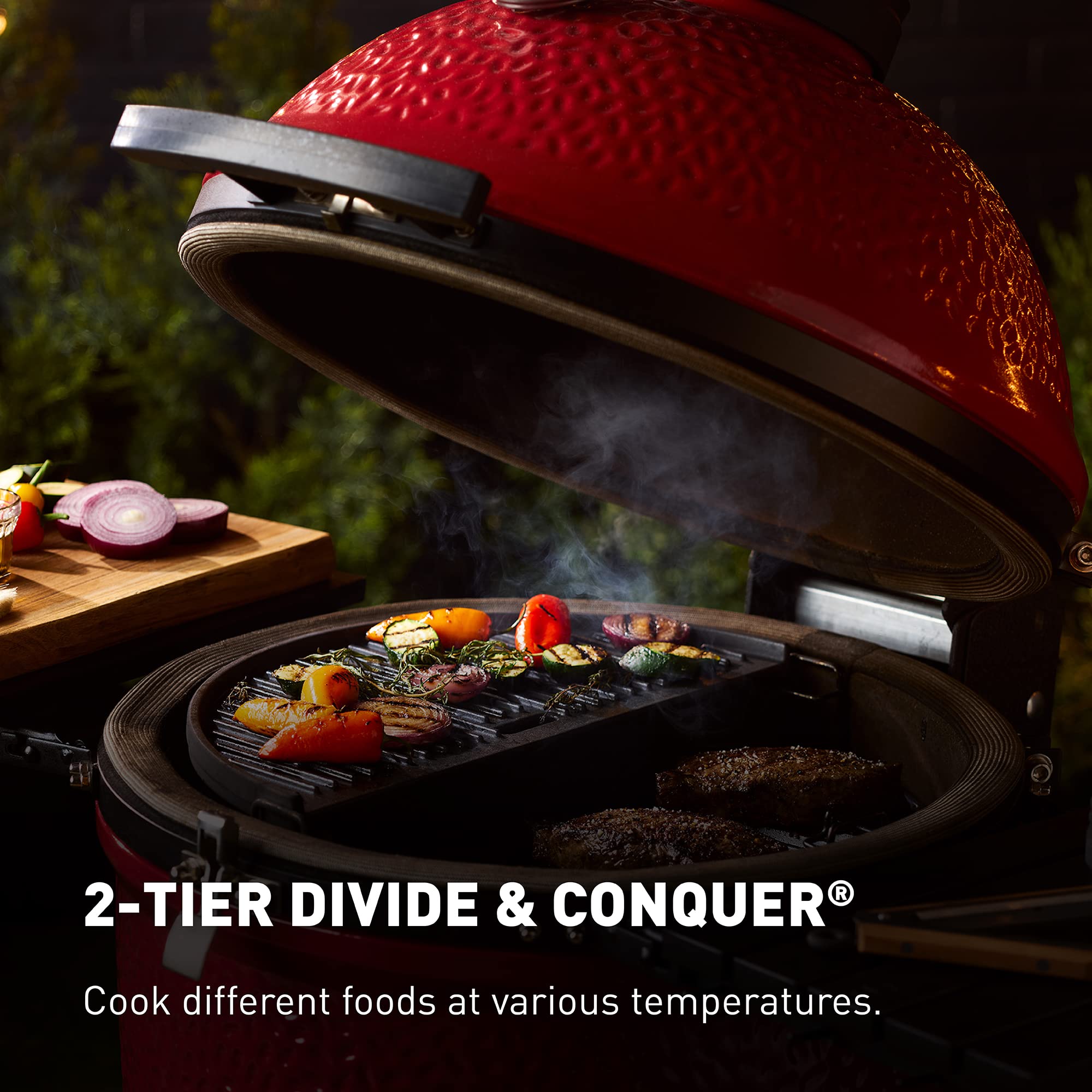 Kamado Joe 18-inch Classic Joe Series II Ceramic Charcoal Grill and Smoker with Cart, Side Shelves, Stainless Steel Grates and 250 Cooking Square Inches in Red, Model KJ-23RHC