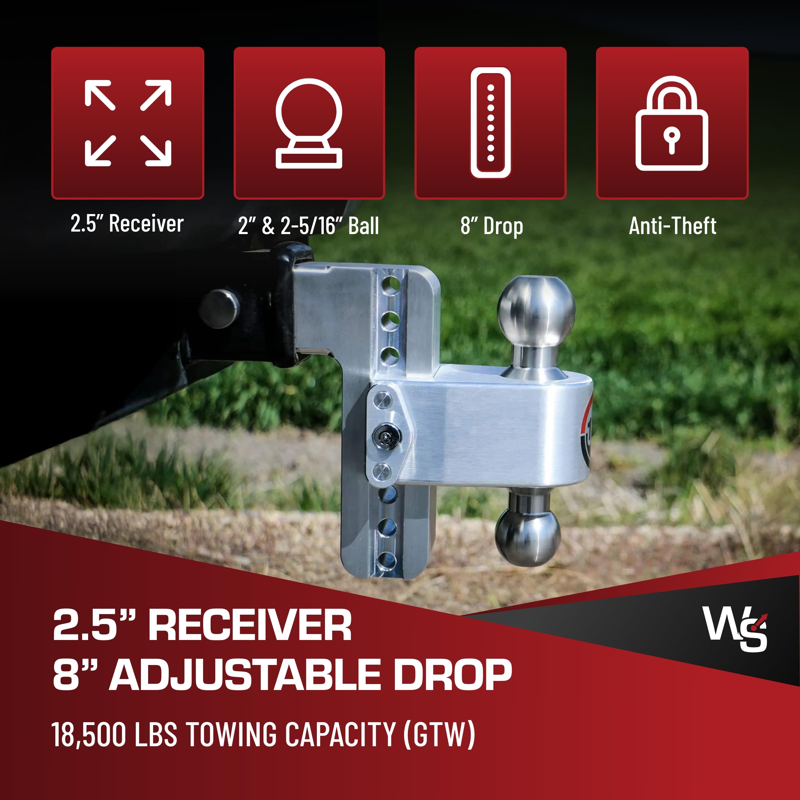 Adjustable Trailer Hitch Weigh Safe 180-Degree - Trailer Hitch for Towing - Compatible with 2.5" Receivers - 8" Drop, Chrome-Plated Tow Balls, 18,500 GTW, 1-Piece Lock Set.