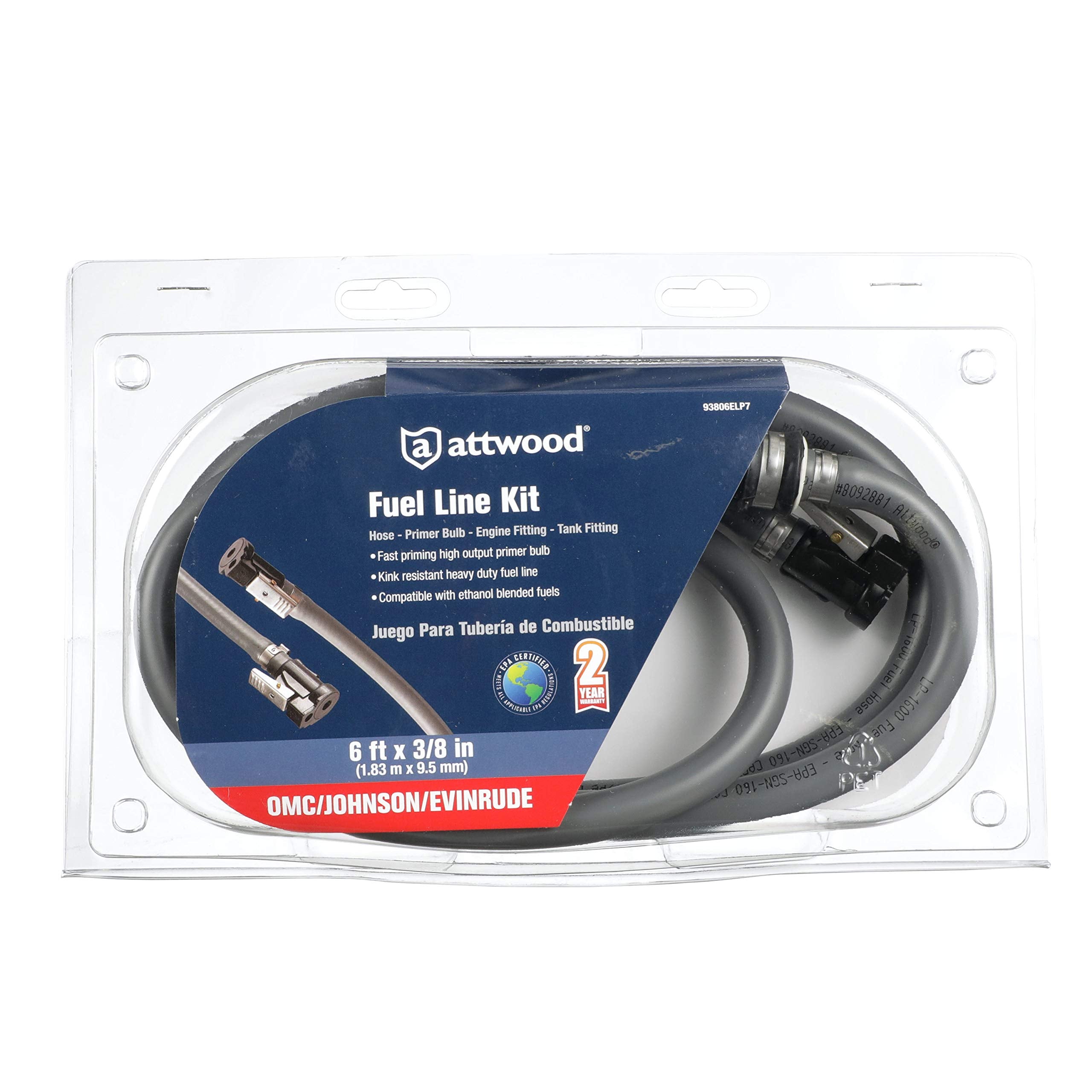 Johnson and Evinrude Marine Fuel Line Kit, Attwood 93806ELP7​, EPA Compliant, Primer Bulb Included, 3/8" x 6 ft. Long, Black
