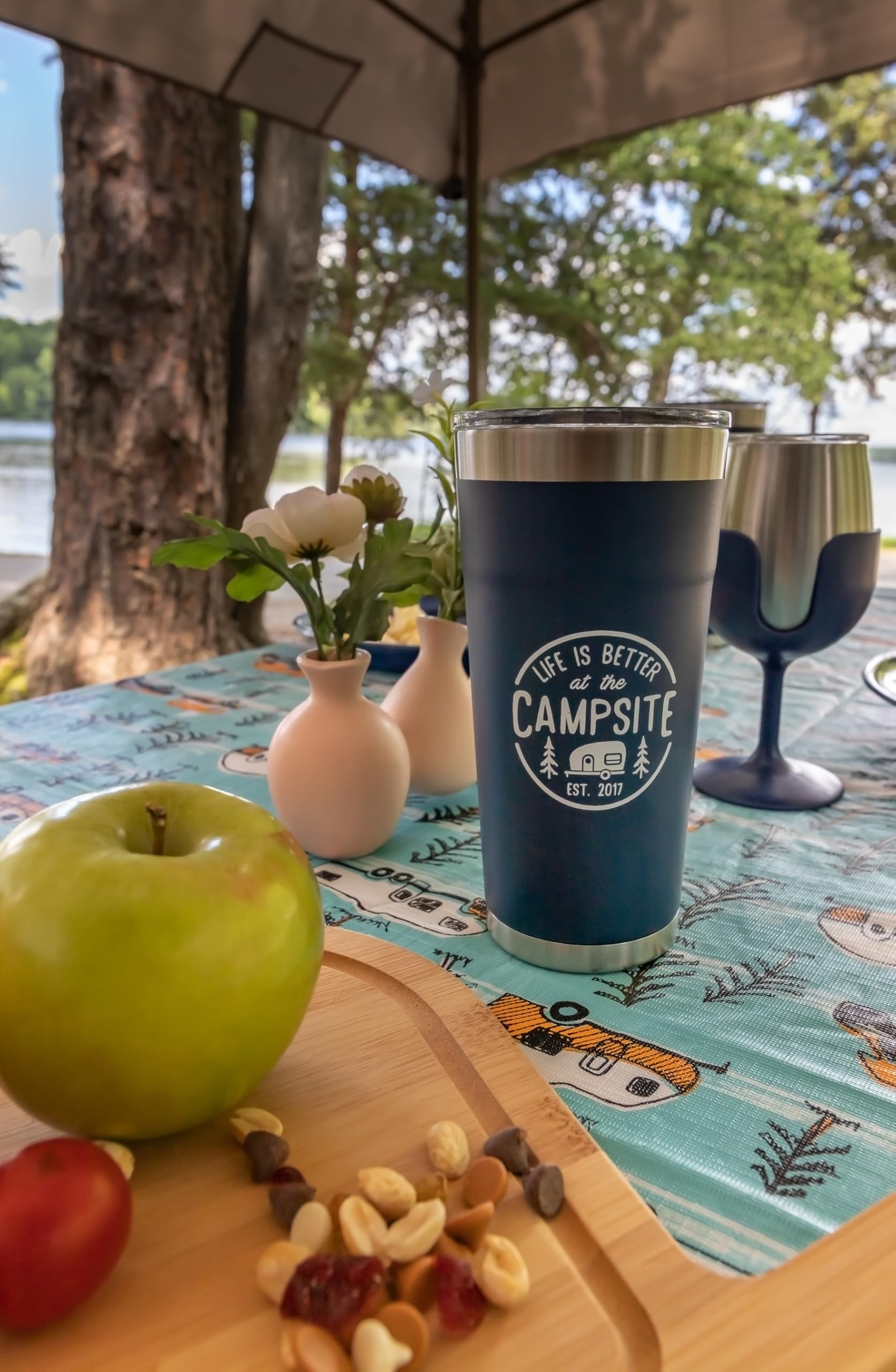 Stainless Steel Tumbler Camco Life is Better at The Campsite - Features Double Wall Vacuum Insulation for Heat/Ice Retention & Unique Life is Better At the Campsite Design - Holds 20 oz. (53323)