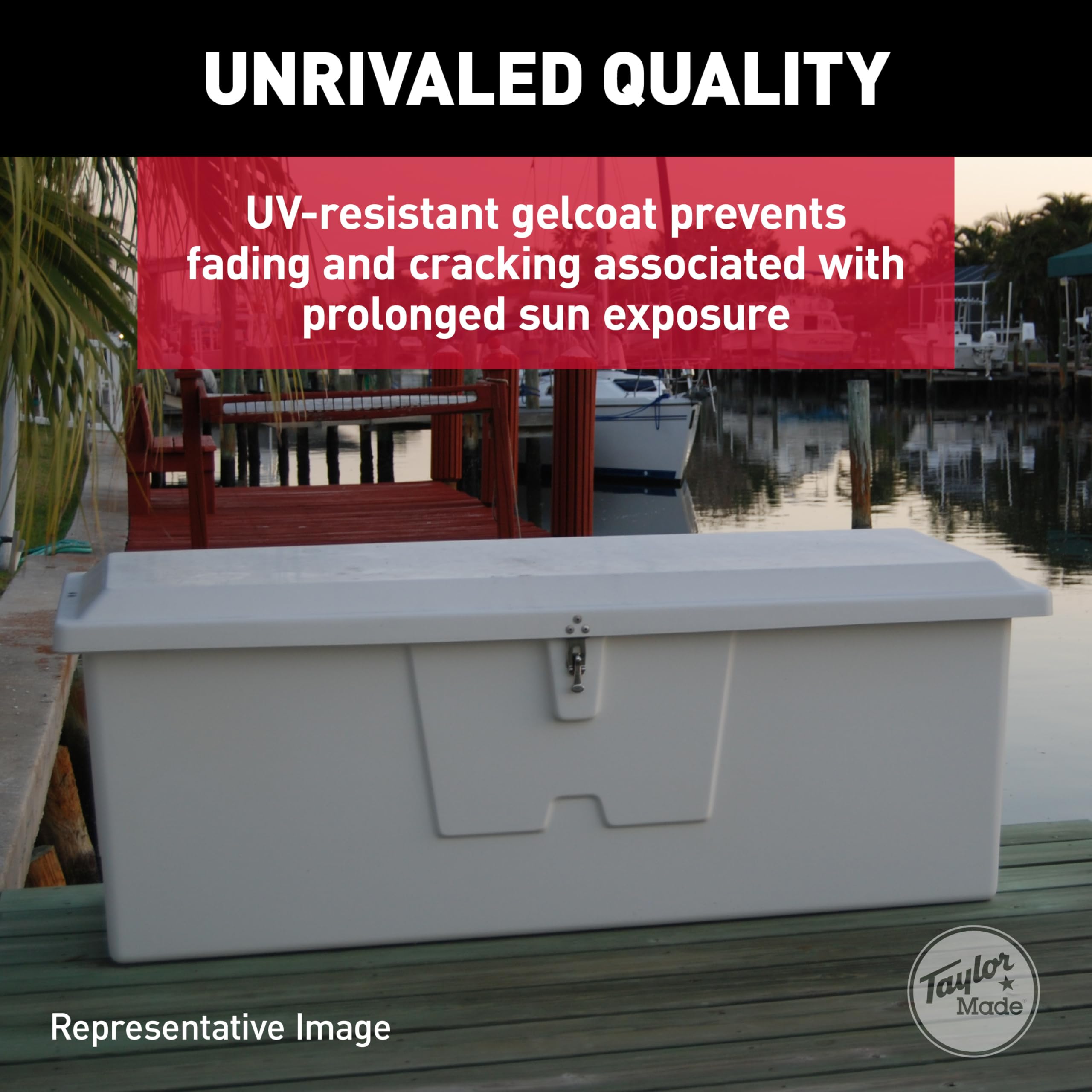 Stow 'N Go Medium Fiberglass Dock Box TAYLOR MADE PRODUCTS, White (24"H x 72"W x 23"D) – Fiberglass construction, UV gelcoat finish, stainless steel lockable latch and hardware – 2020108642