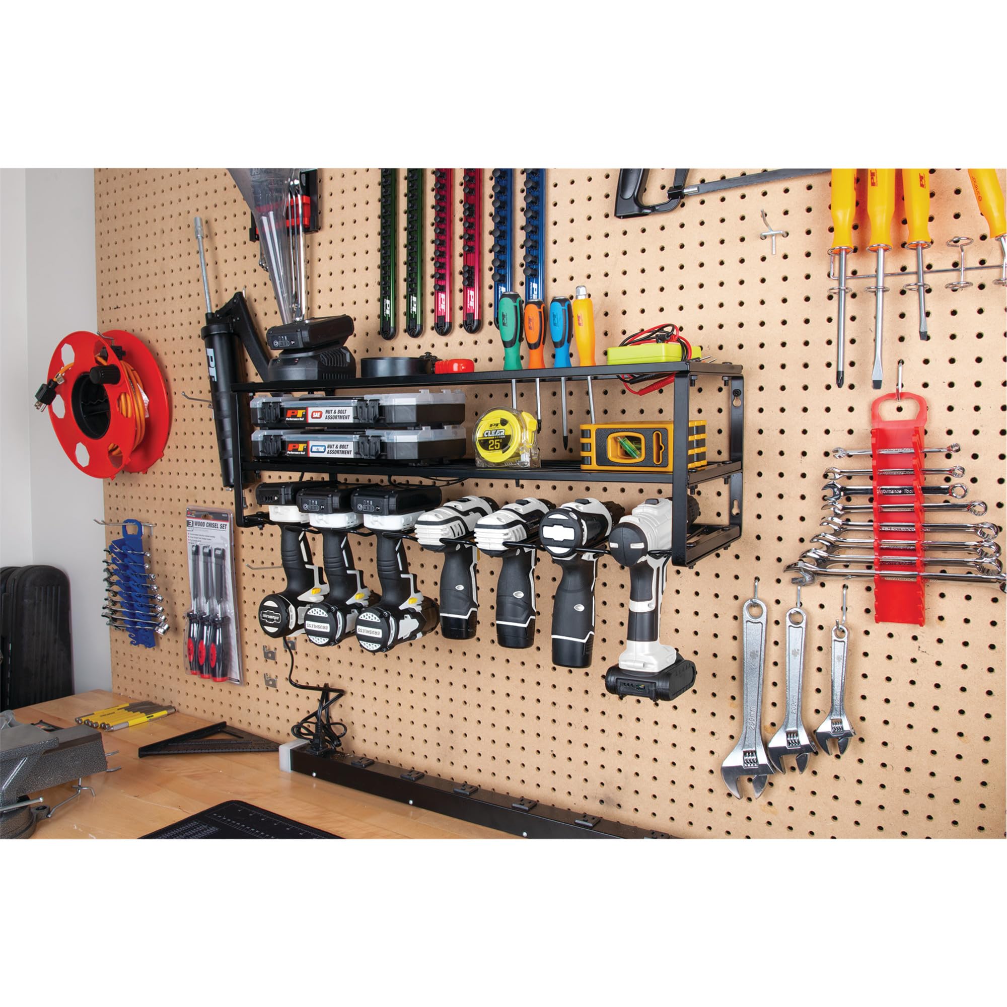26" Performance Tool W7703 Power Tool Storage Rack, 9-Gauge Steel Frame, Fully Welded Shelves, Powder-Coated, Black