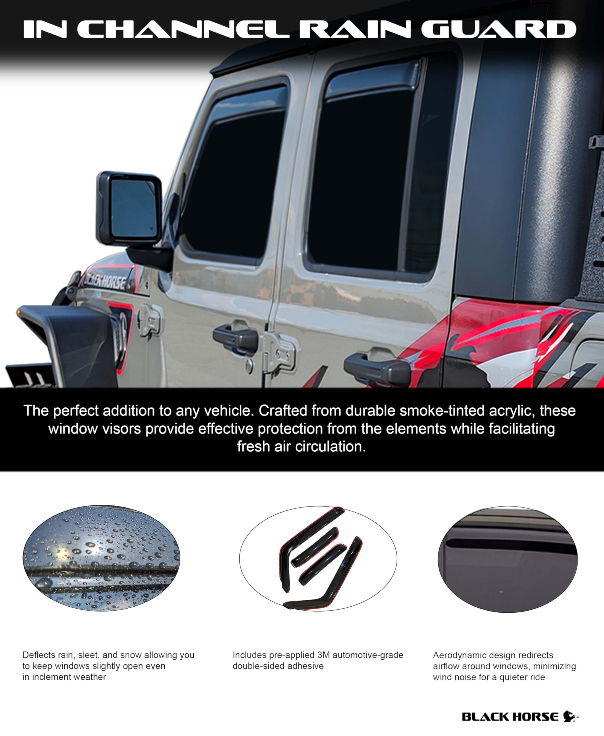 Off Road Black Horse [BHOR in Channel Rain Guards/Wind Deflectors Compatible with 2007-2017 Jeep Wrangler Smoke 4 PCs - 1494249IN