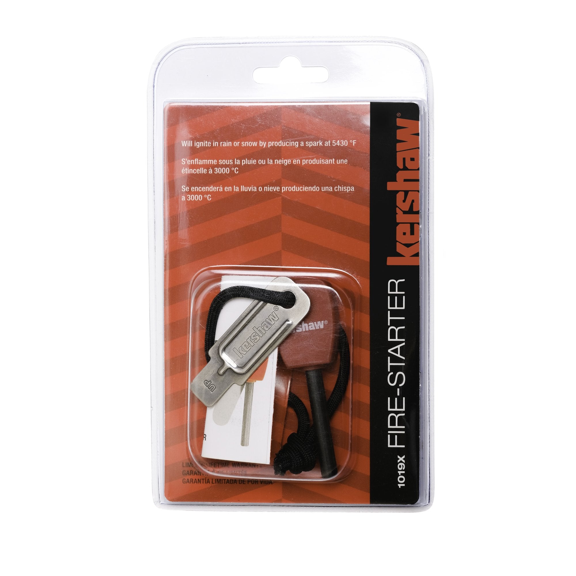 Firestarter Kershaw (1019X),3.1” High-Performance Magnesium Firesteel,Chrome-Plated Striker Steel,Up to 3000 Strikes,Waterproof,Easy to Operate,Red Molded Plastic Handle,Nylon Lanyard,1.1 OZ,Small