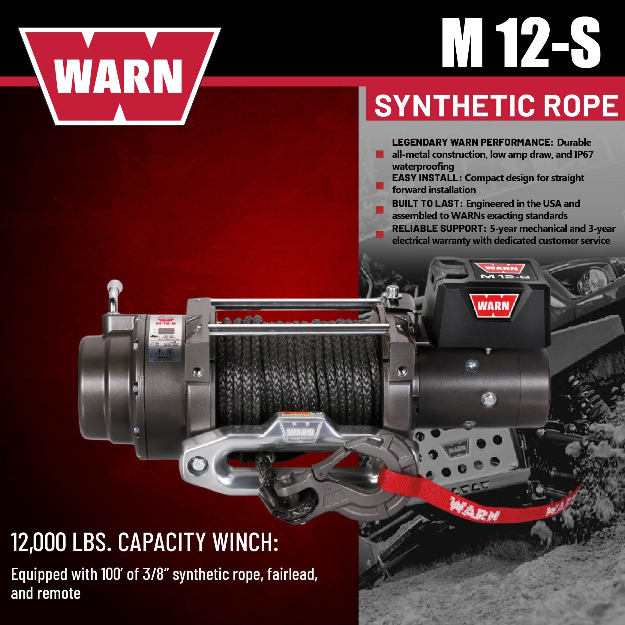 12V WARN M12-S Electric Heavyweight Winch – 12,000 lb Pulling Capacity, Synthetic Rope, Sealed Motor, IP68 Waterproof, All-Metal Gear Train for Off-Road Recovery & Industrial Use