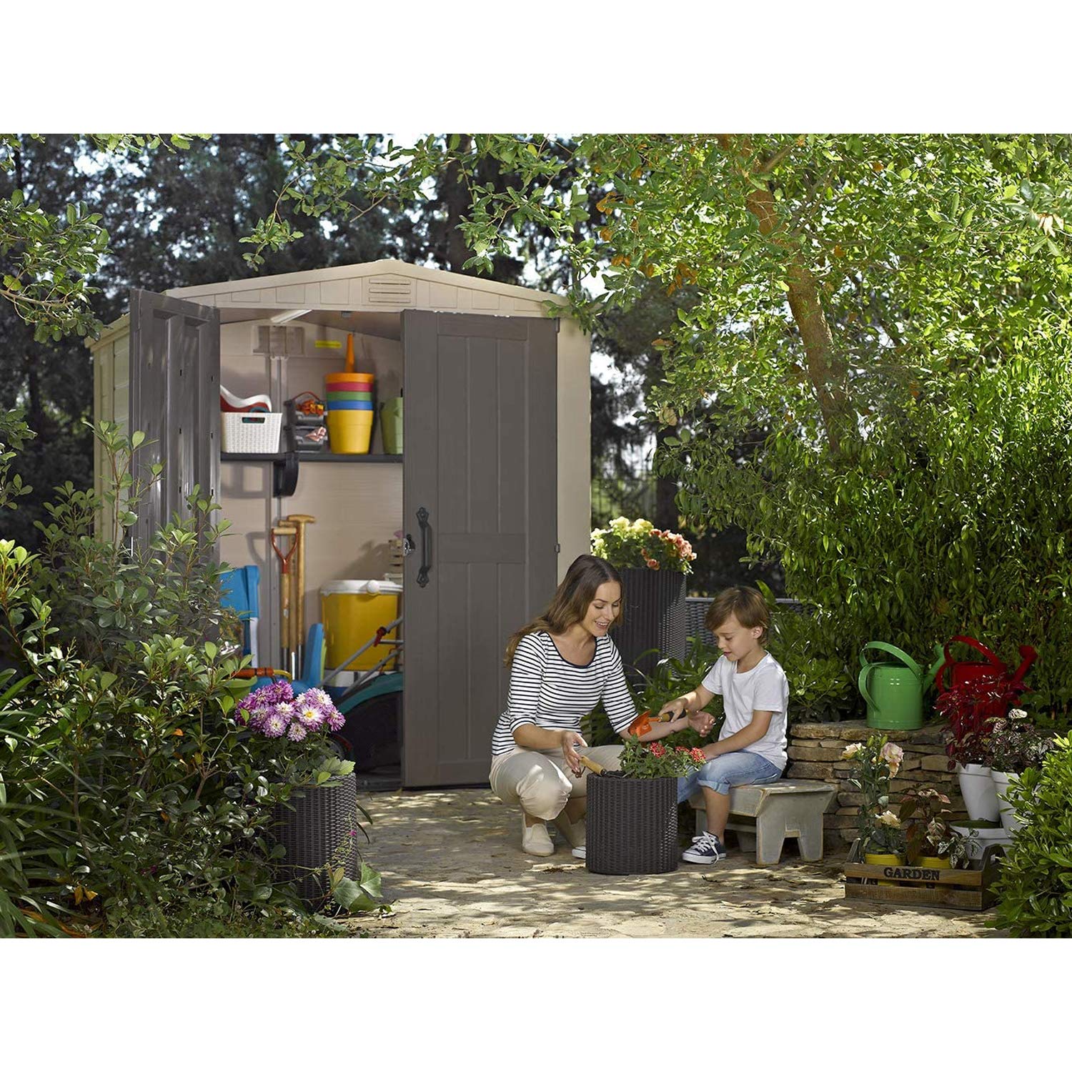 Factor Keter 6x6 Large Resin Outdoor Storage Shed for Patio Furniture, Lawn Mower, and Bike Storage