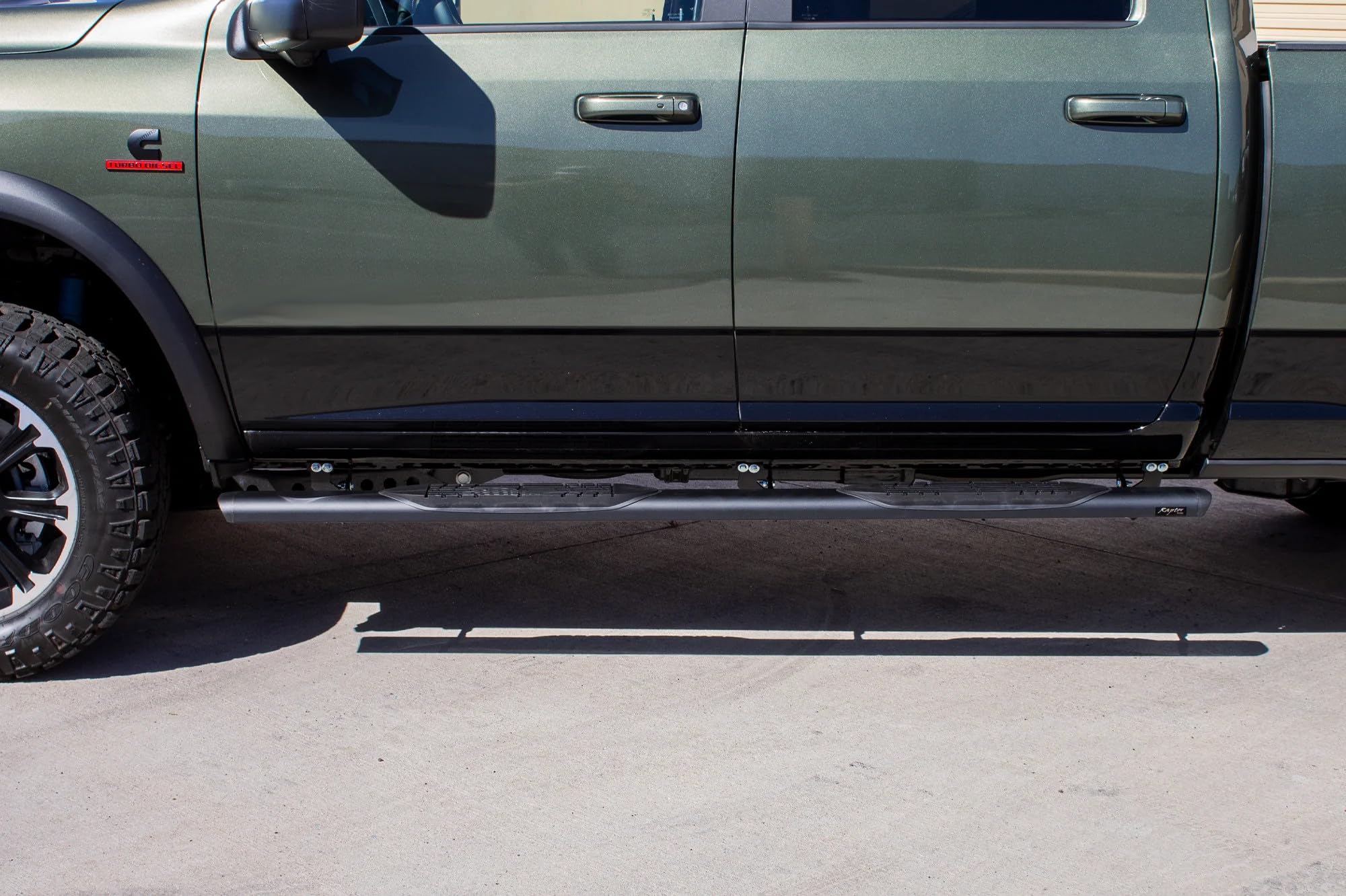 Running Boards Raptor Series Steps 5in Oval Style Black Aluminum Compatible with Classic Body 09-24 1500 and 10-26 2500 3500 Crew Cab