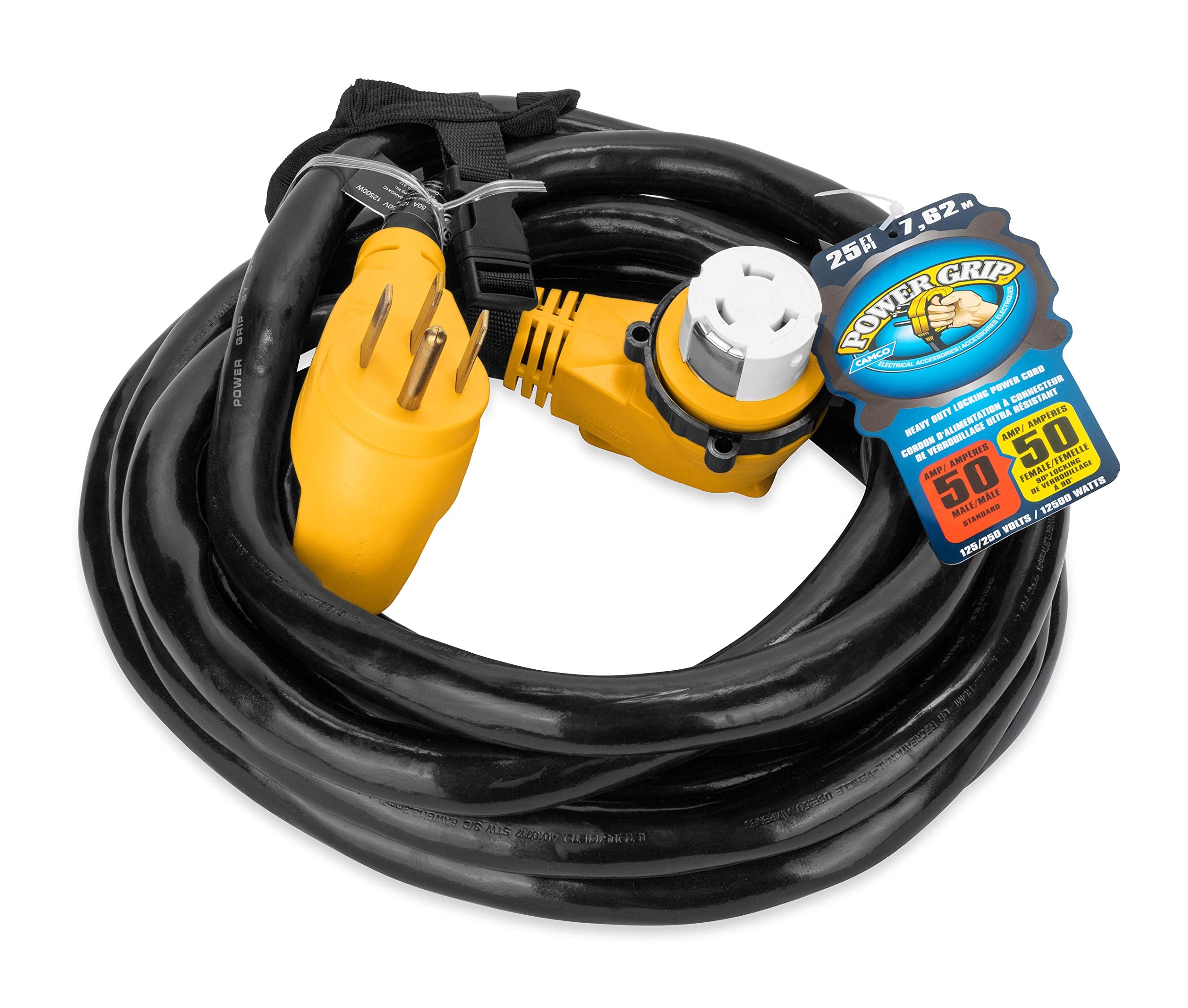 Power Grip Camco 25-Ft 50 Amp RV Extension Cord w/90° Locking End - Rated for 125/250V & 12,500W - Features Threaded Locking Ring for Weatherproof Connection & Coated w/Heat-Resilient PVC (55574)