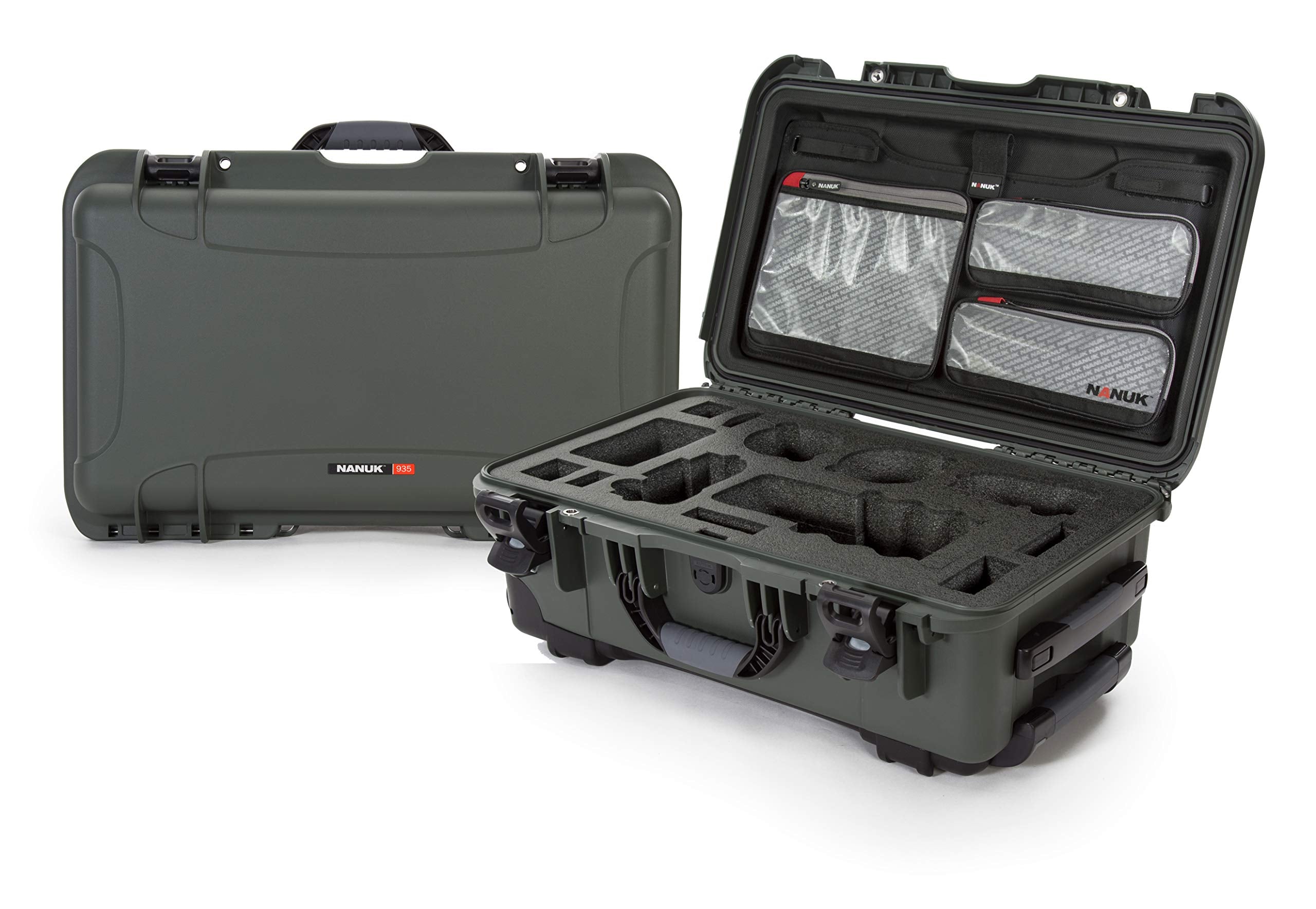Waterproof Nanuk 935 Carry-On Hard Case with Lid Organizer for Sony a7R Size Camera w/Wheels - Olive