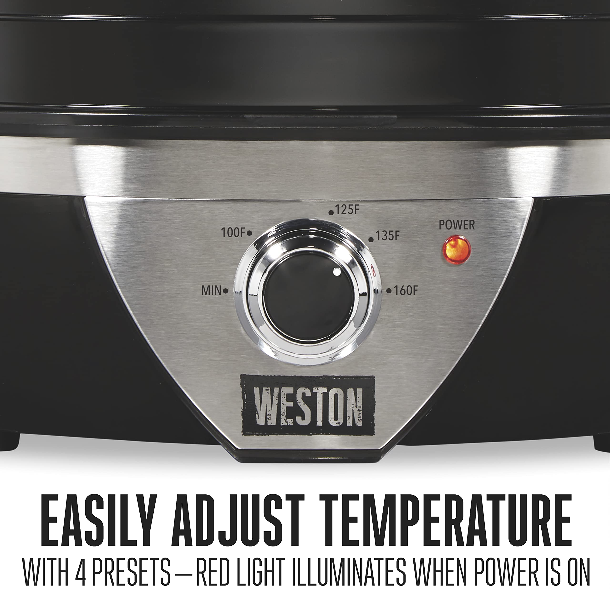 Weston Dehydrator Food Machine for Jerky, Fruit, Meat, Herbs, Vegetables, with Temperature Control (100-160F), 4 Stackable Trays (3 Sq. Ft.), Black & Stainless Steel Accents (75-0640-W)