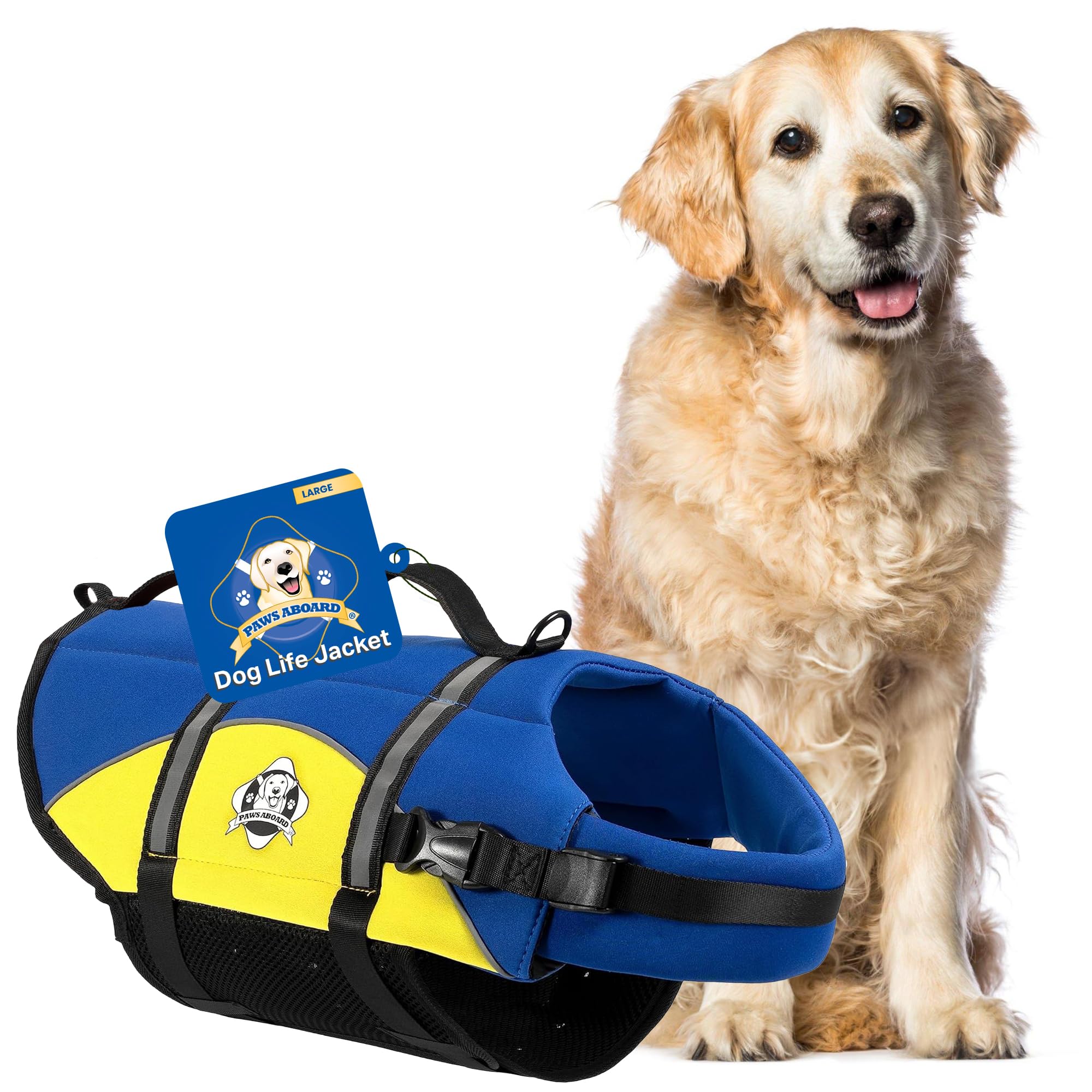 Dog Life Jacket Paws Aboard - Swimming Vest for Dogs, Adjustable, Reflective, Comfortable, Multiple Colors, Patterns, XX-Small to Extra Large Dog Swim Vest with Handle (Blue & Yellow, Large)