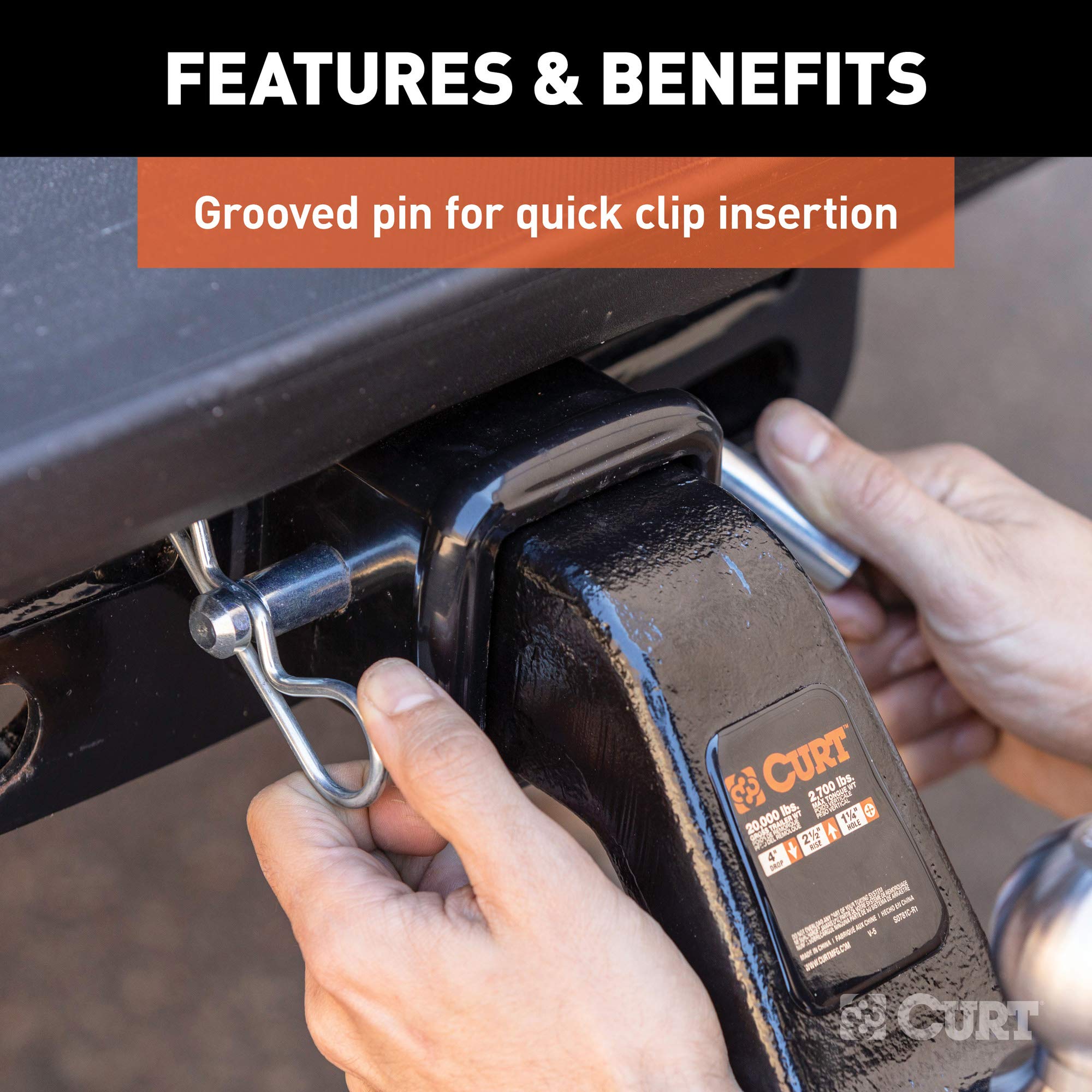CURT Heavy-Duty 21506 Trailer Hitch Pin & Clip with Grooved Head, 5/8-Inch Diameter, Fits 2-1/2 or 3-Inch Receiver