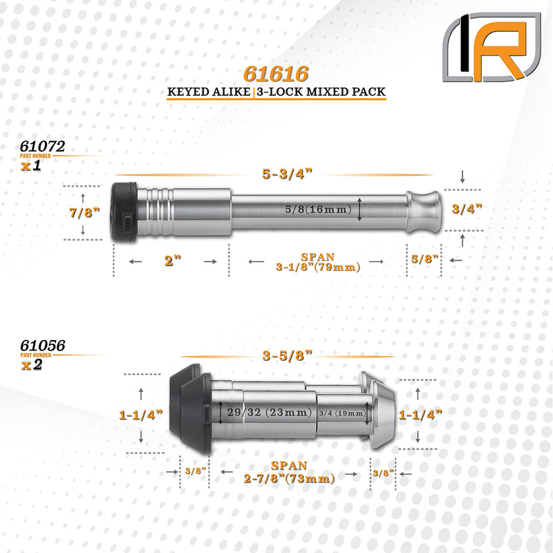3 Pack Mixed 2.5, Keyed Alike, Shackle Locks for 3/4" Threaded D-Ring Shackle - Includes 2.5" Receiver Lock