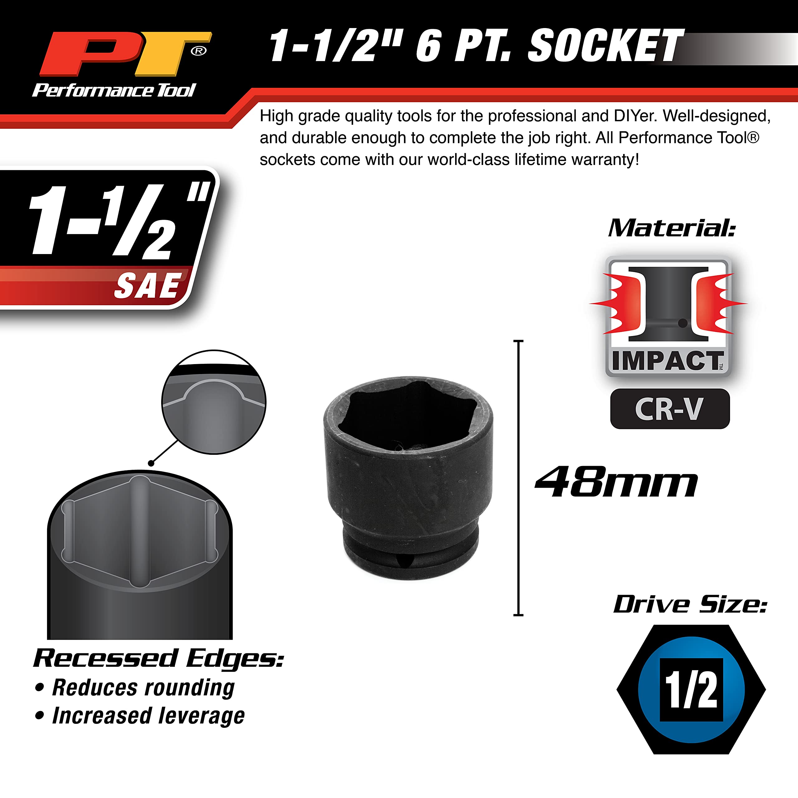 1/2-Inch Drive Performance Tool M817 1-1/2-Inch Impact Socket for Heavy Duty Automotive Use with Durable and Long-Lasting Design