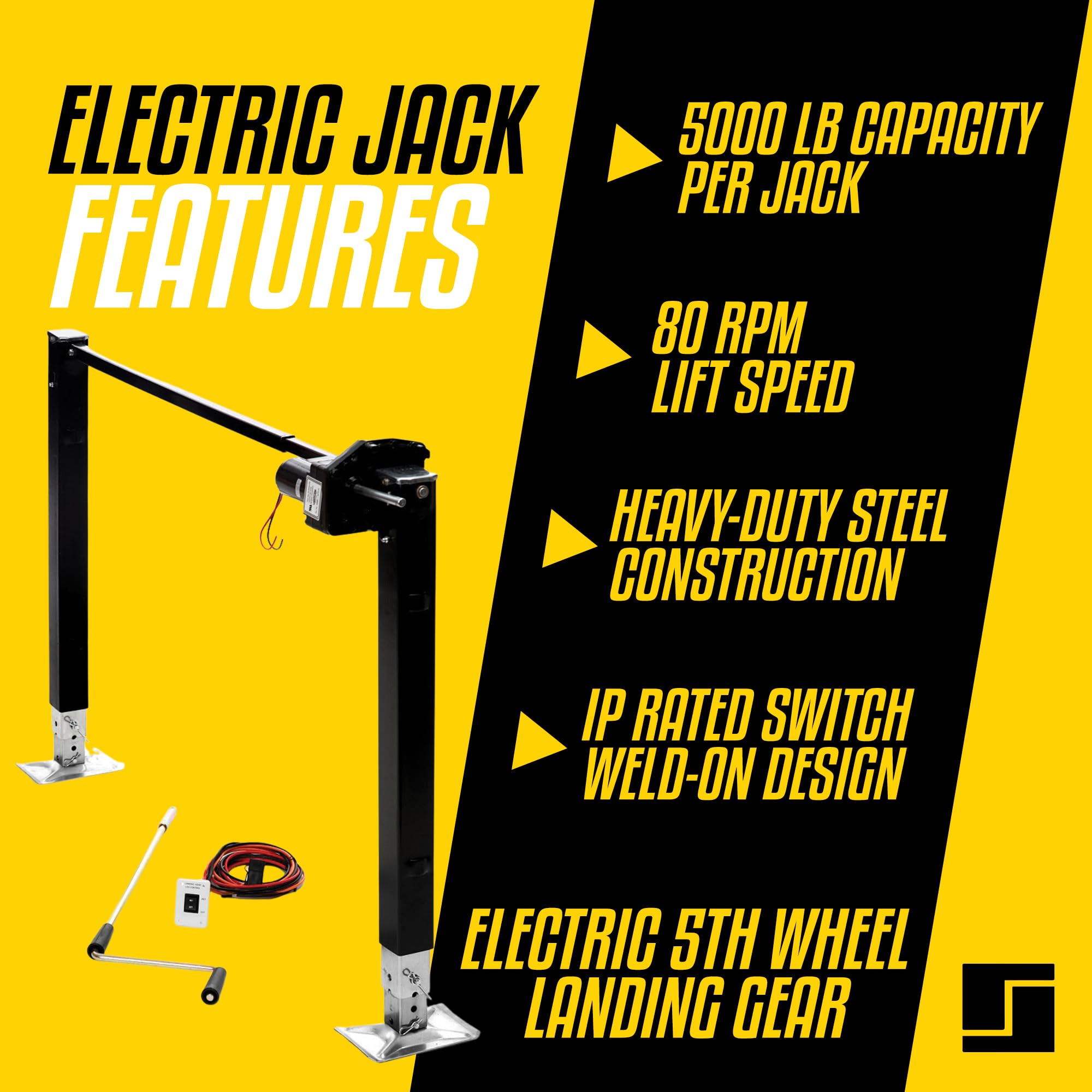 5th Wheel Electric Stromberg Carlson Landing Gear with 5,000 lb Capacity, Weld-On Steel Construction, IP Rated Switch, Trailer Jack Stand, RV Jacks & Stabilizers - 80 RPM, 29.5” Legs, Black