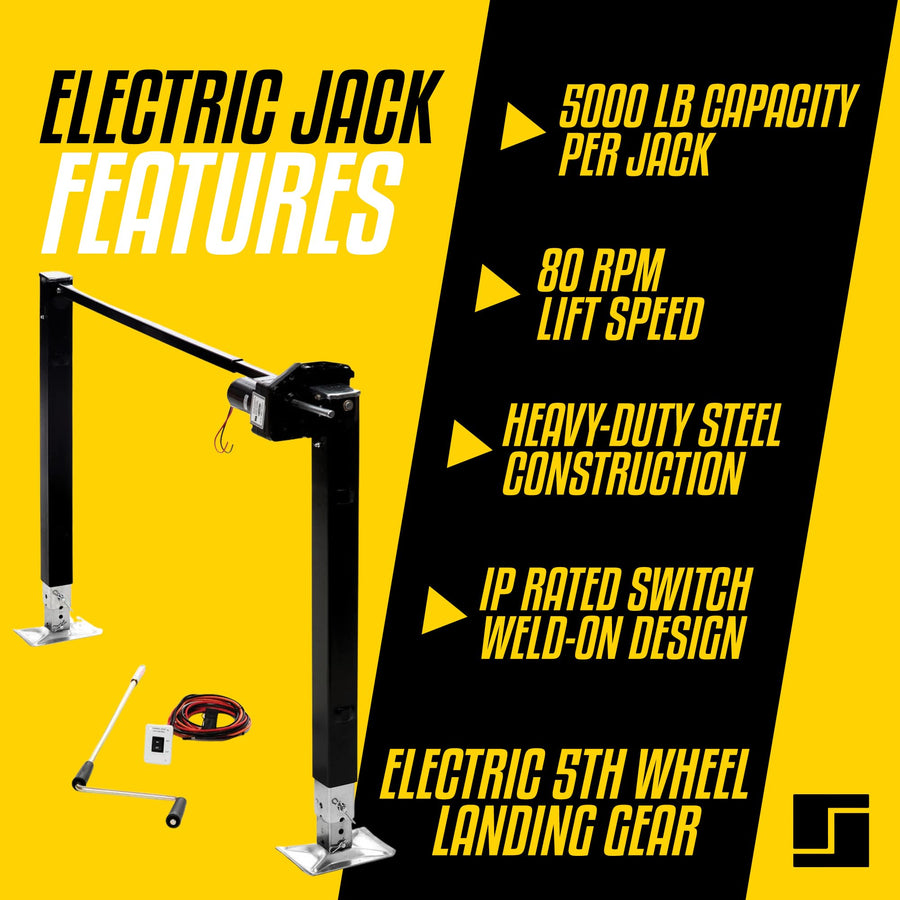 5th Wheel Electric Stromberg Carlson Landing Gear with 5,000 lb Capacity, Weld-On Steel Construction, IP Rated Switch, Trailer Jack Stand, RV Jacks & Stabilizers - 80 RPM, 29.5” Legs, Black