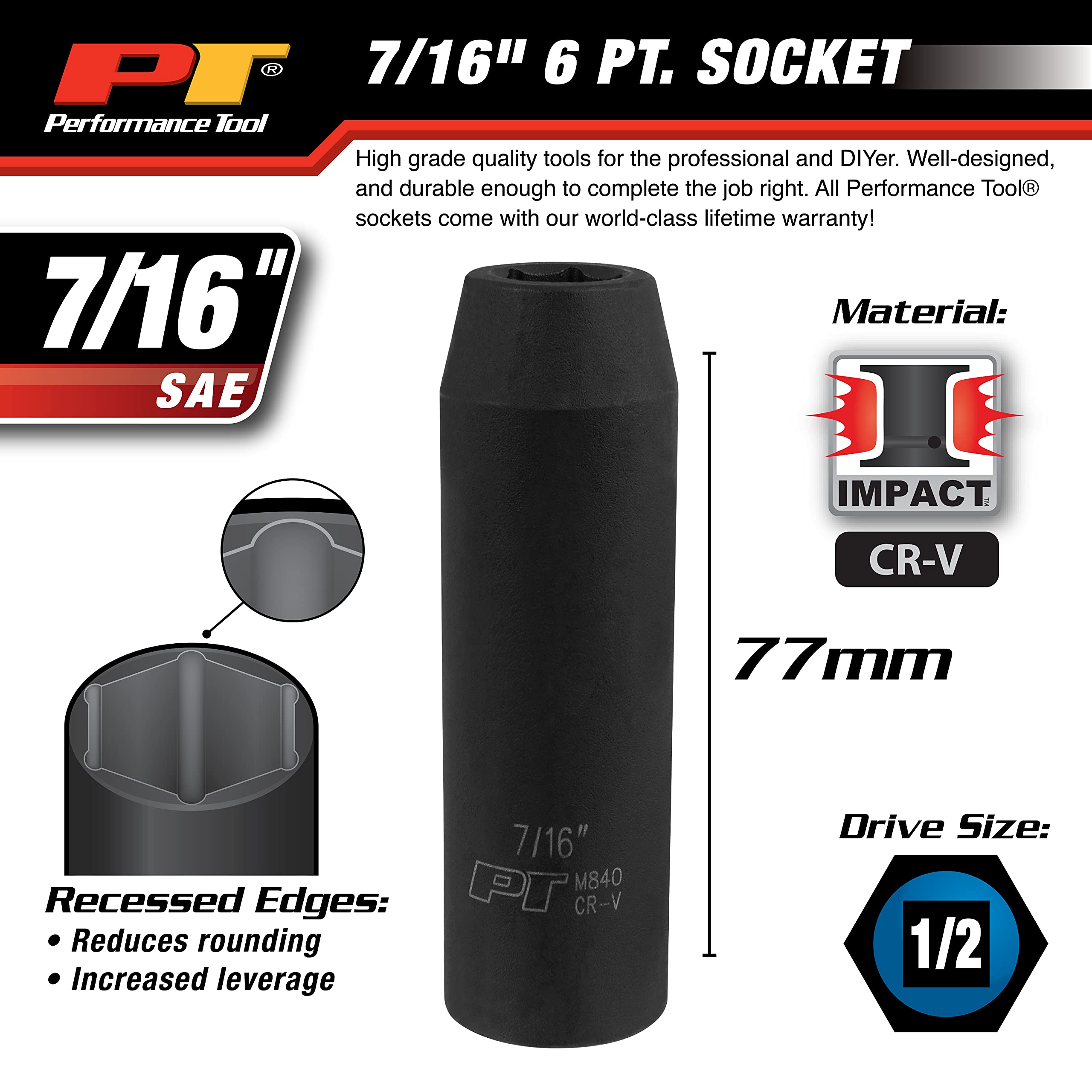 M840 Performance Tool 1/2 Drive Impact Socket, 7/16 - Durable and Reliable Socket for Heavy-Duty Tasks with High Torque Requirements