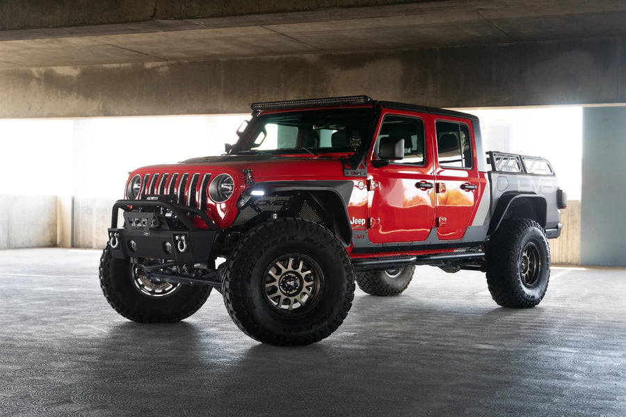 Slim Fender Flares DV8 Offroad for the 2020-2024 Jeep Gladiator JT | Front & Rear | Steel Construction | Complete Set of 4 | Plug & Play Dual Stage Running Lights & Turn Signal
