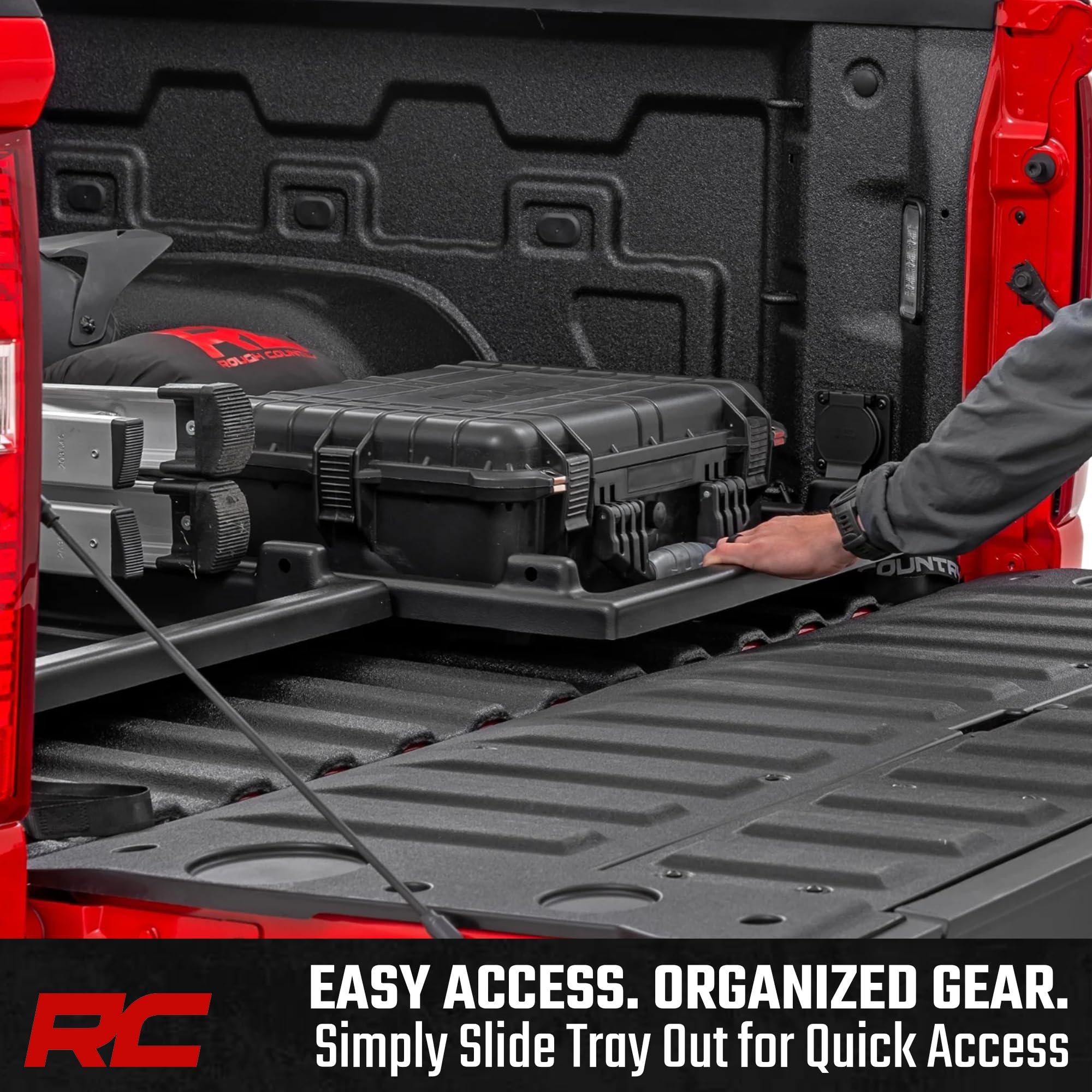 Rough Country Truck Bed Cargo Slide-Out Tray - Long Bed Organizer for 5'7"+ Beds, Heavy-Duty Polyethylene, UV-Protected, Easy Tailgate Access