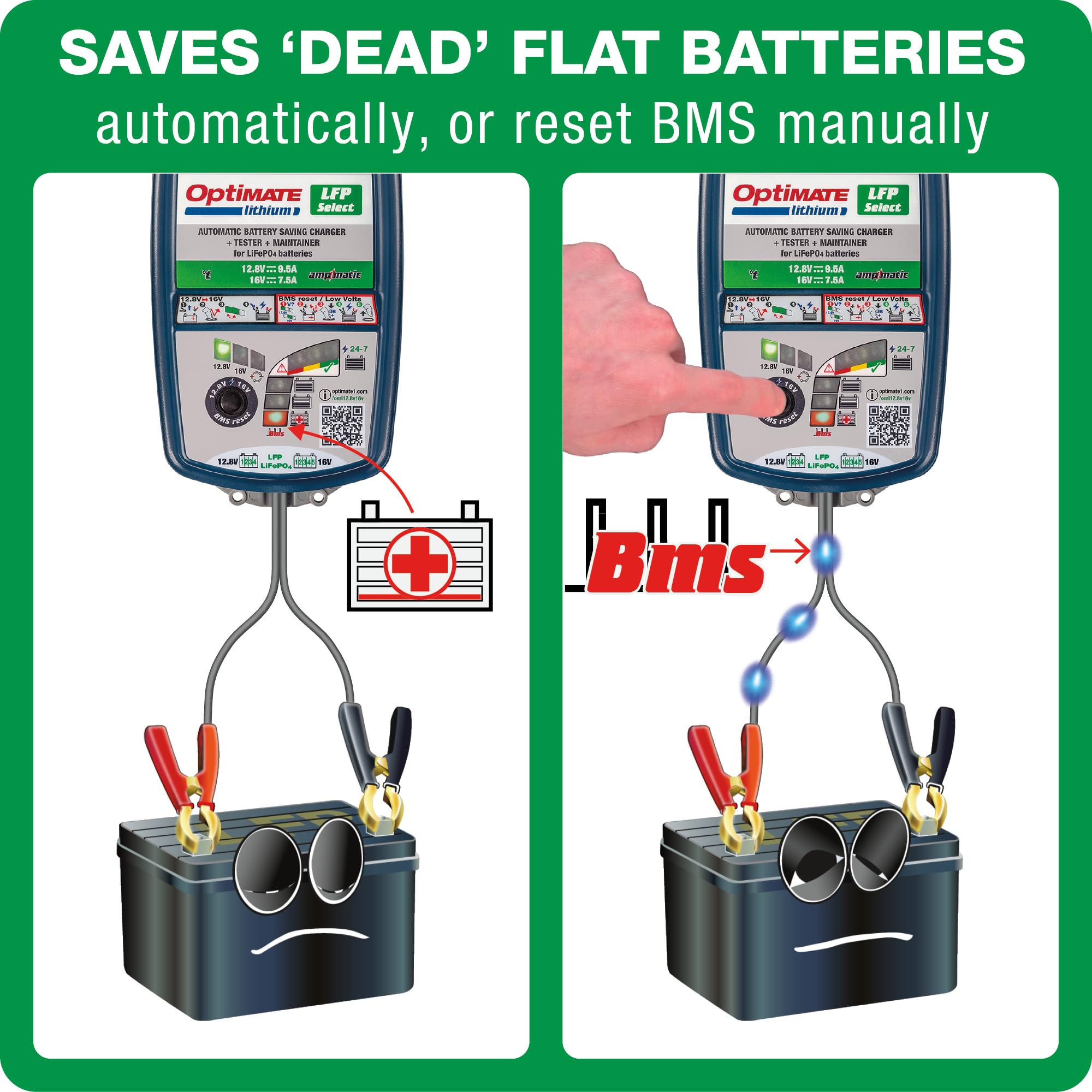 Optimate LFP Lithium Select, TM271v2, 10-Step 12.8V 9.5A / 16V 7.5A High Performance Battery-Saving Charger and Maintainer