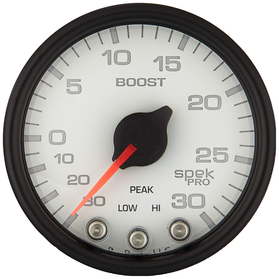 Gauge AUTO METER P30212 Boost (Spek-Pro 2 1/16", 30Inhg-30Psi, Stepper Motorwith Peak & Warn, White/Black, Spek-Pro)